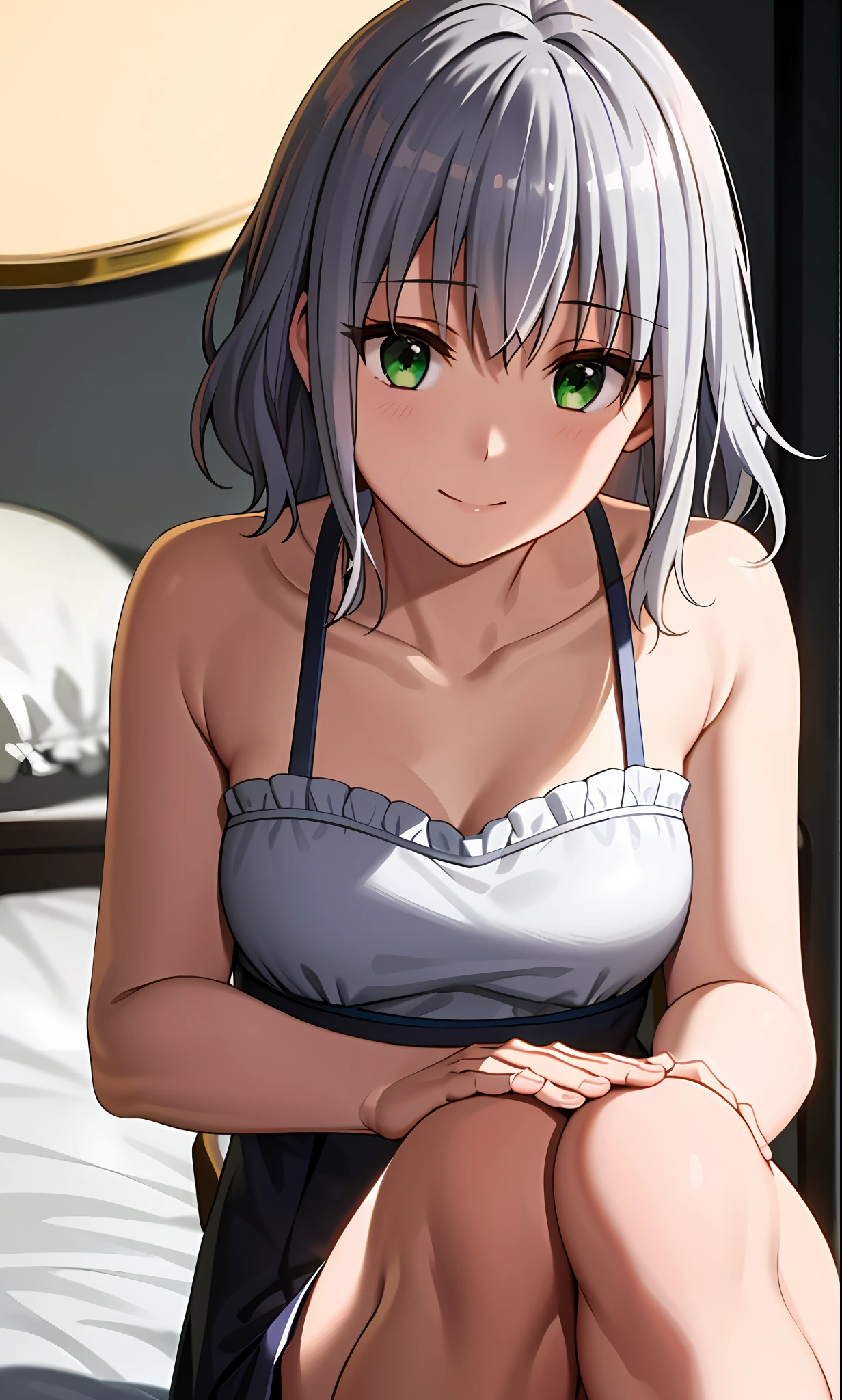Top quality, (masterpiece: 1.2), very detailed, own room, 1 girl, solo, (muse), smile, watch viewer, gray hair, circle of angels, short hair, hair ornament, green eyes, light in the eyes, white underwear, in the middle of changing clothes, realistic, from the knees up, glowing skin, fair skin, ultra-realistic, realistic, portrait, blur,