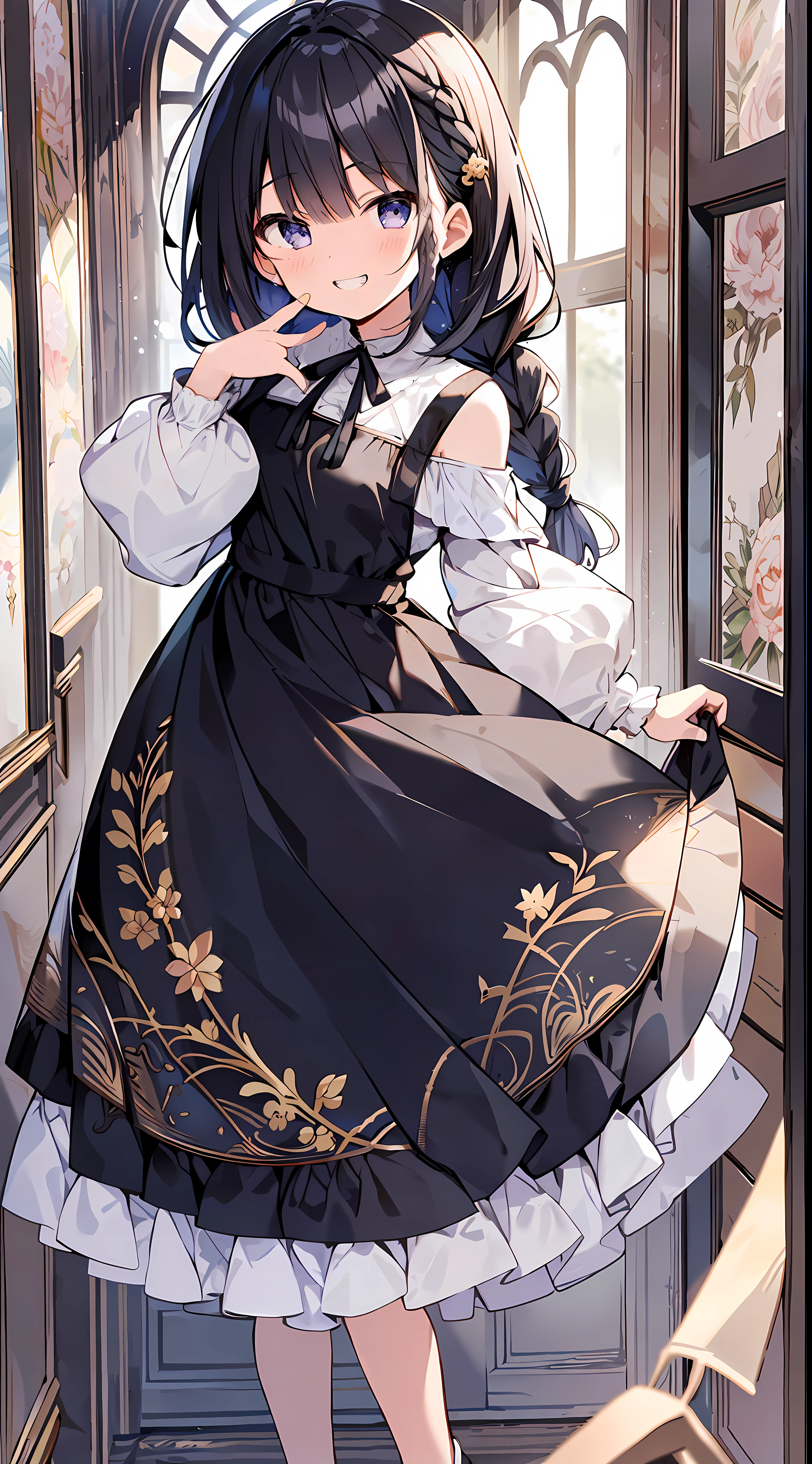 Best Quality, Best Masterpiece, Ultra High Definition, 8k, Crinoline, Shoujo Manga Style , Single, Soft Line Art, Digital Enhancement, Shoujo Manga Touch, Shoujo Manga Core, Flowing Fabric, Close Up, ((Hair length to shoulder mouth and short braid)), staring at us from the front, soft drawing, Beautiful black hair, Clear eyes, grin, teeth, wide mouth, ultra-detailed digital anime art, clear face depiction, ultra-detailed shoujo manga character art, ultra-detailed manga style, top quality colors, hand gestures, foot-up angles, indoor