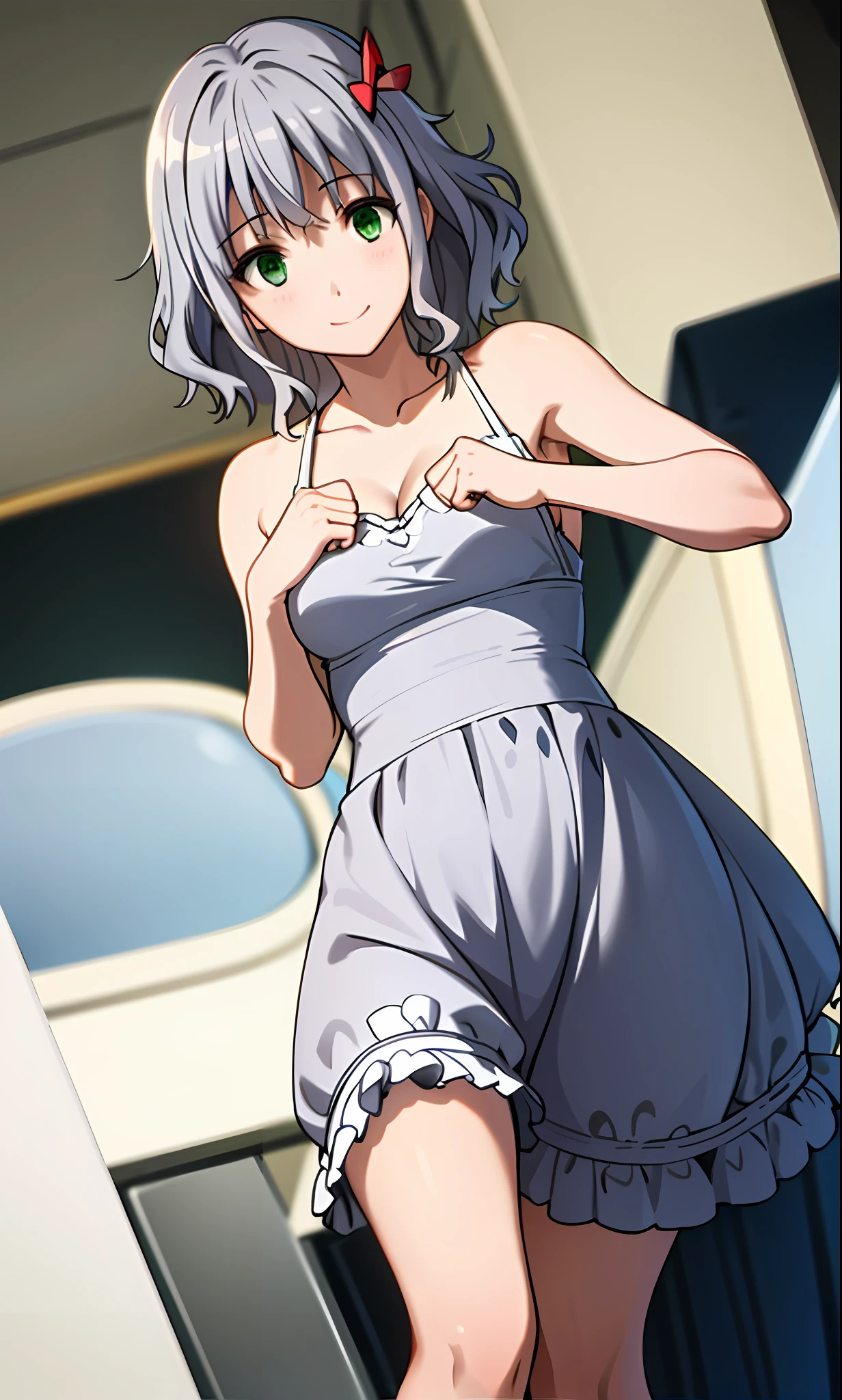 Top quality, (Masterpiece: 1.2), Very detailed, Own room, 1 girl, Solo, (muse), smile, watch the viewer, gray hair, circle of angels, short hair, hair ornament, green eyes, light in the eyes, white underwear, in the middle of dressing, realistic, from the knees up, glowing skin, fair skin, (medium breasts) ultra-realistic, realistic, photorealistic, portrait, blur,