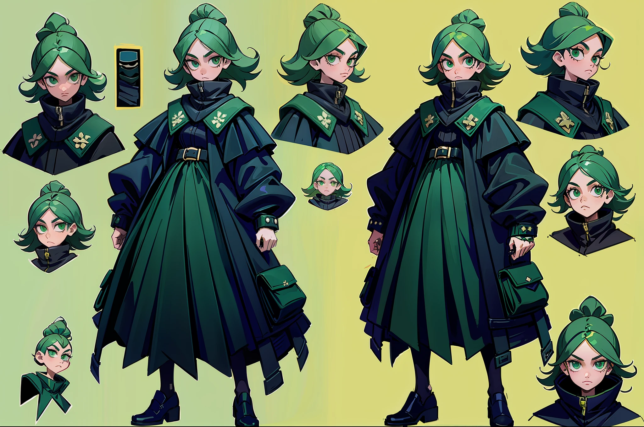 Bank robber styled clothing girl wearing poncho black color scheme with hint of emerald green goofy hair wearing black mask pockets all over outfit fullbody criminal holding whip standing at camera tall character concept art sheet