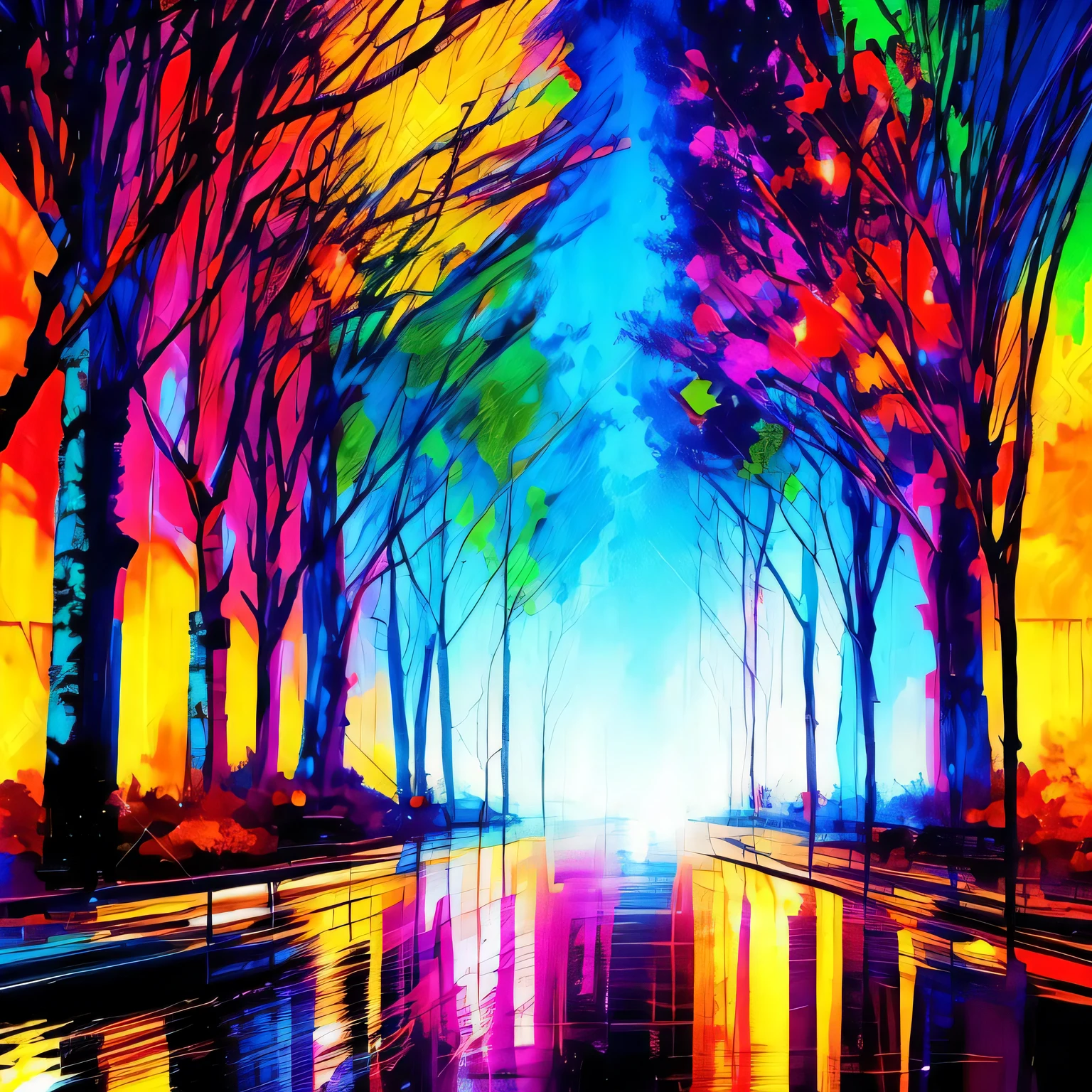 abstract painting of trees street, cyberpunk, vivid colors