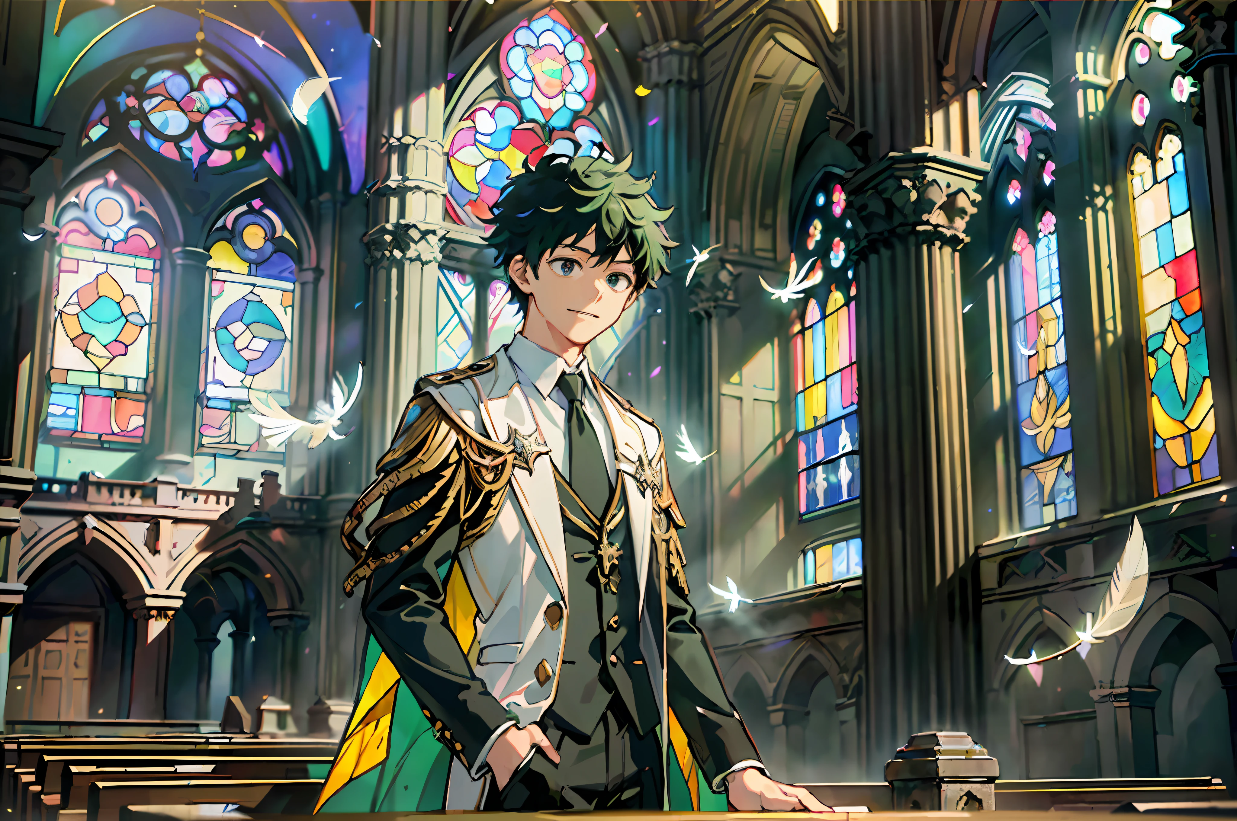((Masterpiece: 1.4, highest quality)), ((Masterpiece, highest quality)), (Ruined Church: 1.2), (Fragments: 1.2), (Stained Glass: 1.3), Pillar, Canopy, Izuku Midoriya, Gentle Smile, (Light Particle), (Feather: 1.3), (Faint sunlight coming through the window), Dark atmosphere, (Beholder: 1.3), Cowboy Shot