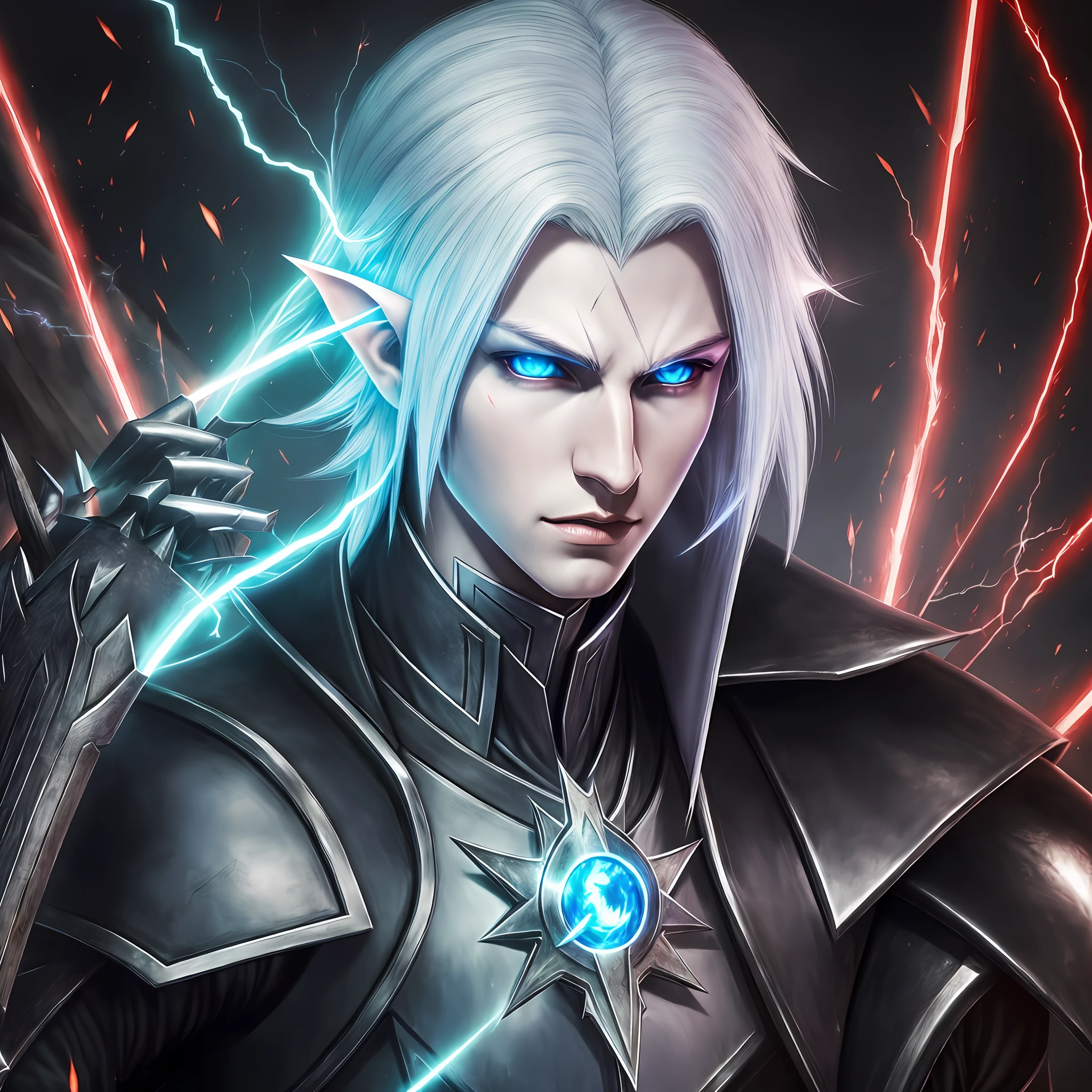 ((best quality)), ((masterpiece)), (detailed), 1 male elf alone, bright electric aura, eyes emanating bright radioactive red energy, pale face and skin, thin, tall, lightning, magic, pointy ears, silver hair, KaelThas, black mage outfit, vampire version