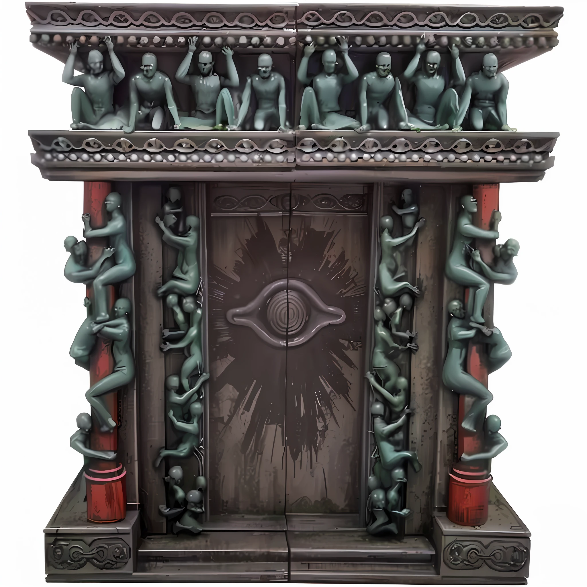 Statue of a group of women around a large eye, demonic sanctuary, mythical cosmic sanctuary, majestic hidden gates, mythical sanctuary, malevolent sanctuary, magical portal, alien temple, pyramid portal, a portal to the realm of lost flame, the great gate of hell, ancient biomechanical temple, doors that are cosmic portals, dark dimension portal apocalyptic background cartoony anime theme