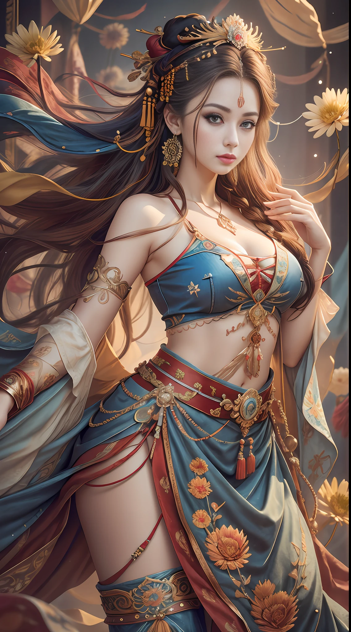 Best Quality, Masterpiece, Ultra-Detailed High Resolution, (Realistic: 1.4), Original Photo, , Illustration, 1 Girl, Handheld Weapon, (Solo Exhibition: 1.2), (Denim Lens: 1.2), (Hair Crown: 1.2), Chinese Dunhuang Traditional Costume, No Straps, (Red Eyeliner: 1.2), (Black Eyes: 1.4), Earrings, Dynamic Angle, Opera House, messy_long_hair, Ink, Movie Lights, lens_flare, Velvet, Chrysanthemum, Tassels, Ribbon, colorful embroidery, upper body, facing the camera, dynamic pose, large chest, embroidered cloth shoes