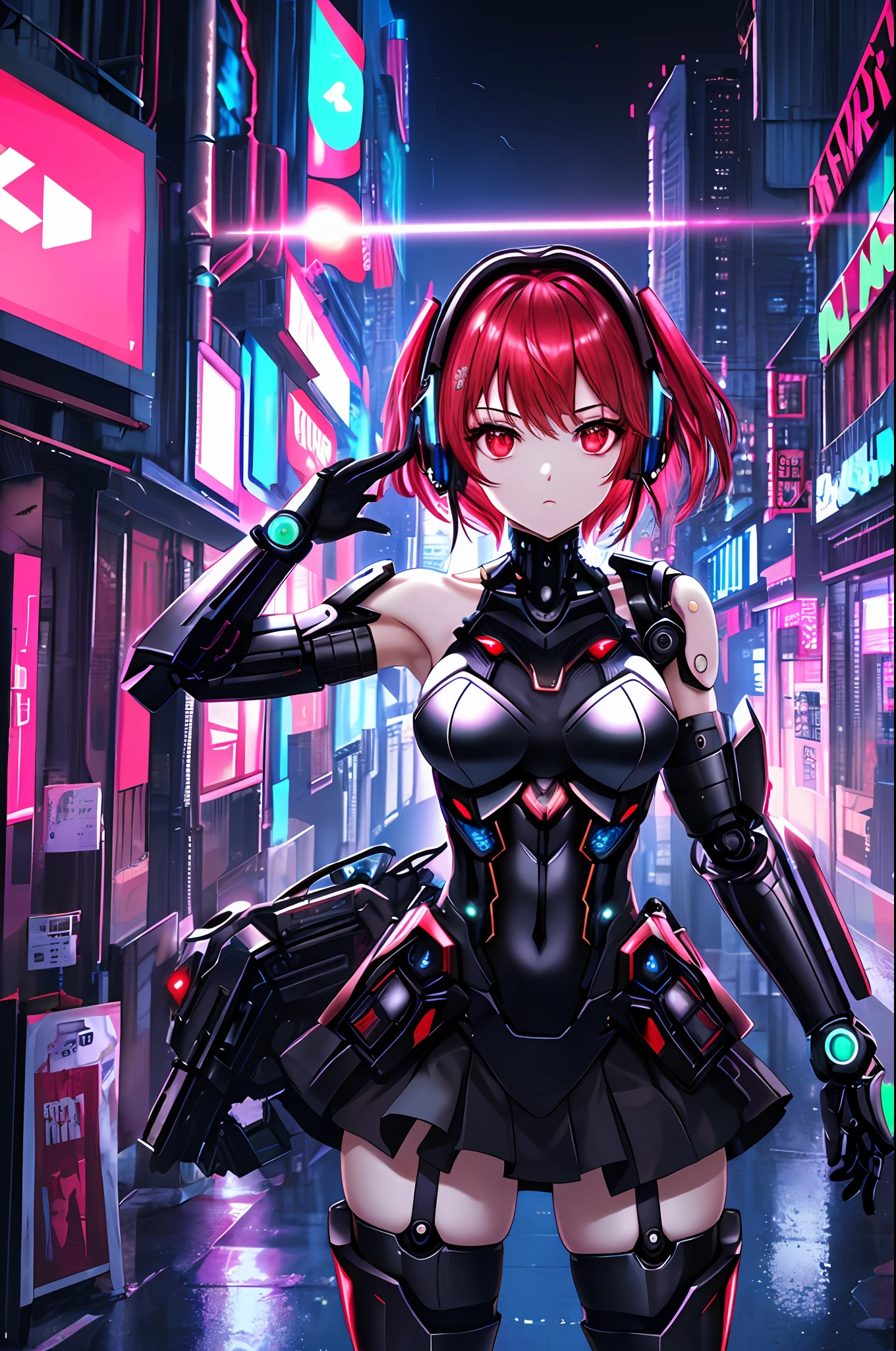 Absurdity, intricate details, highly detailed 8K wallpaper, (transcendent beautiful girl: 1.5), break, scarlet hair, short hair, (exoskeleton leotard), (red eye), break, (mechanical joints, mechanical limbs: 1.4), perfect five fingers, break, (bare shoulders and armpits), absolute area, (headphones), (black miniskirt), break, cyberpunk, open stance, hands up, Neon glowing city,