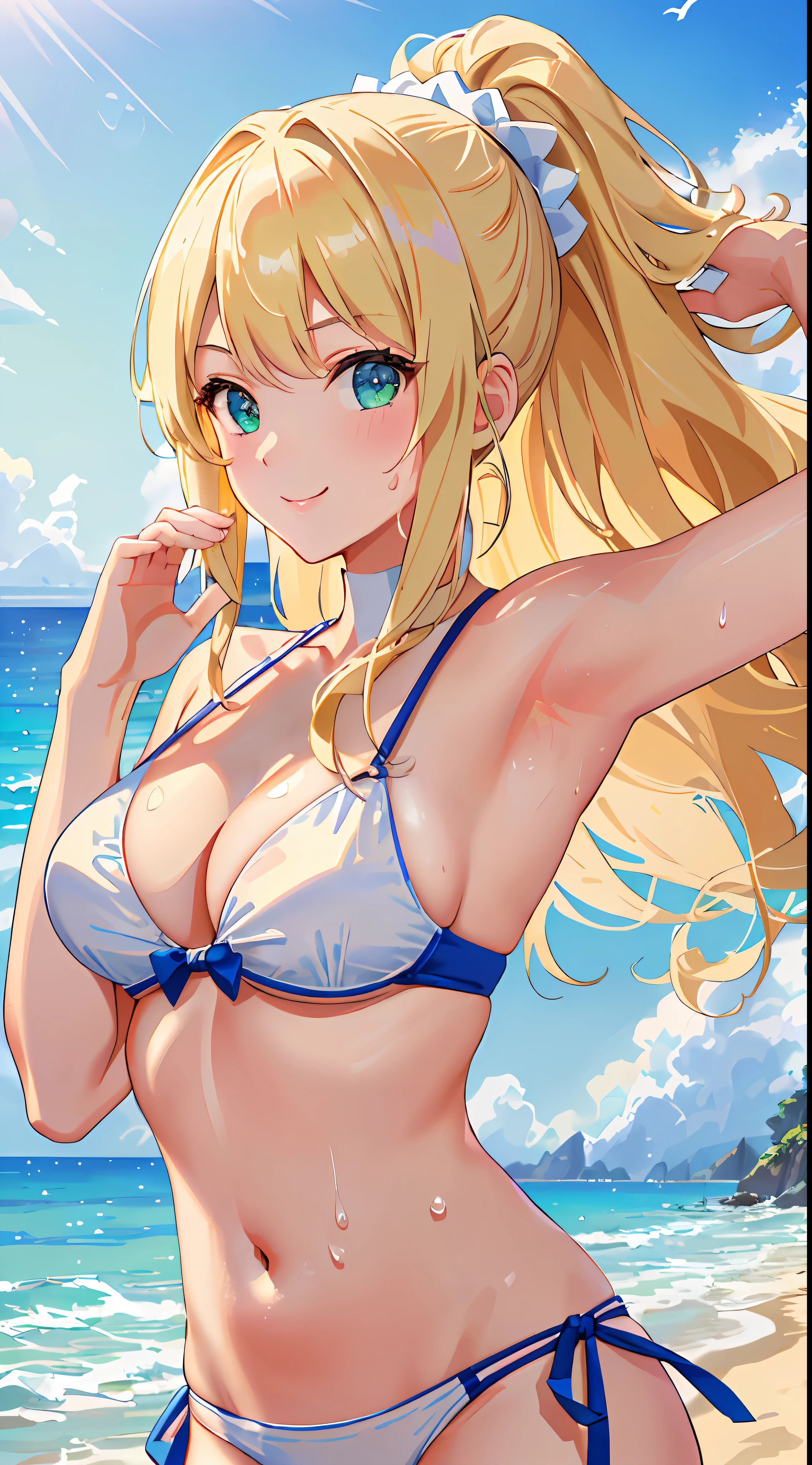 (((Masterpiece: 1.5, Best Quality, High Resolution: 1.3, Super Resolution, Ultra Detail, Ultra Detail: 1.3, Rich Background: 1.2))), (Close-up of face)), 1 girl, Solo, Wonderful smile, Green eyes, Blonde long hair tied with a blue ribbon, dull bangs, cute hairpins, transparent white T-shirt, White bikini inside T-shirt, white panties, (raise one hand)), (Armpit), (sweat) , (outdoor), ((sea: 1.2)), ((beach)), landscape, (dusk), ((dynamic lights: 1.4))