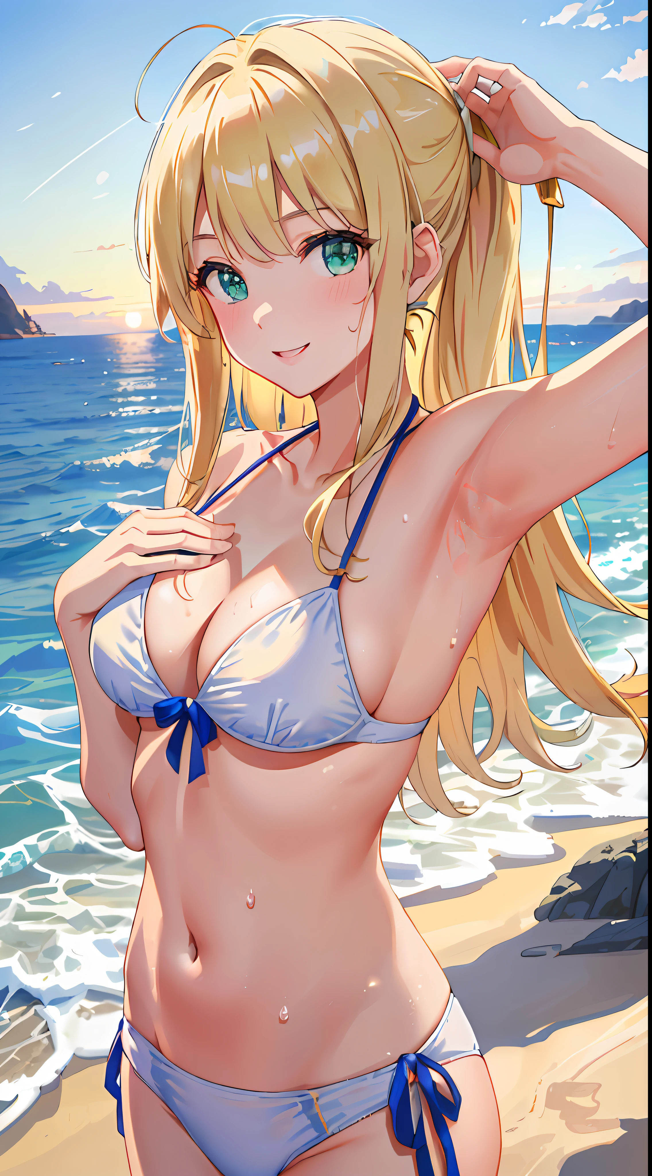 (((Masterpiece: 1.5, Best Quality, High Resolution: 1.3, Super Resolution, Ultra Detail, Ultra Detail: 1.3, Rich Background: 1.2))), (Close-up of face)), 1 girl, Solo, Wonderful smile, Green eyes, Blonde long hair tied with a blue ribbon, dull bangs, cute hairpins, transparent white T-shirt, White bikini inside T-shirt, white panties, (raise one hand)), (Armpit), (sweat) , (outdoor), ((sea: 1.2)), ((beach)), landscape, (dusk), ((dynamic lights: 1.4))