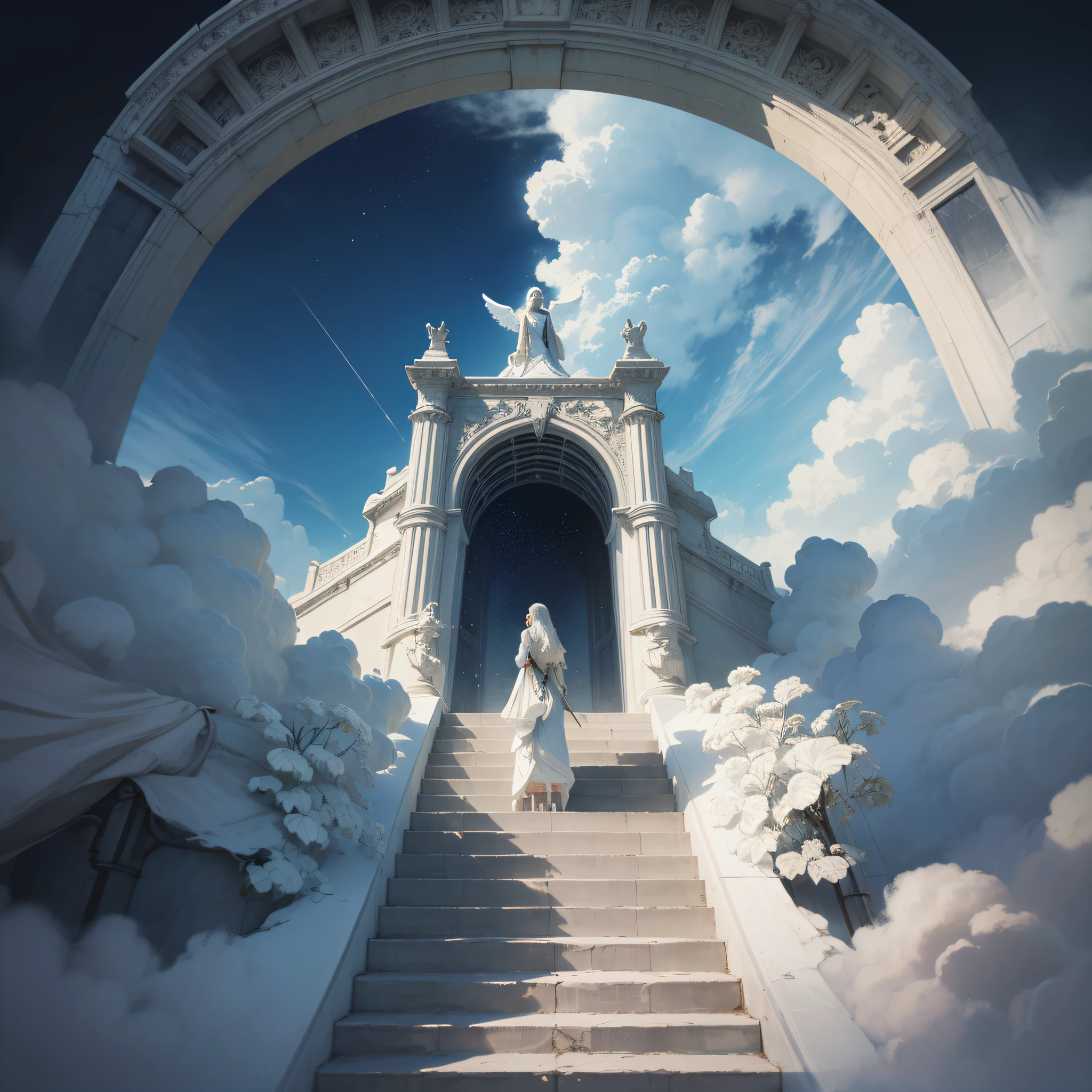 arafed stairway leading to a sky with a white angel on top, digital art inspired by Johan Jongkind, trending on pixabay, digital art, stairway to heaven, descending from the heavens, stairs from hell to heaven, she is arriving heaven, gates of heaven, she is approaching heaven, the gates of heaven, heaven in the top, heaven gate