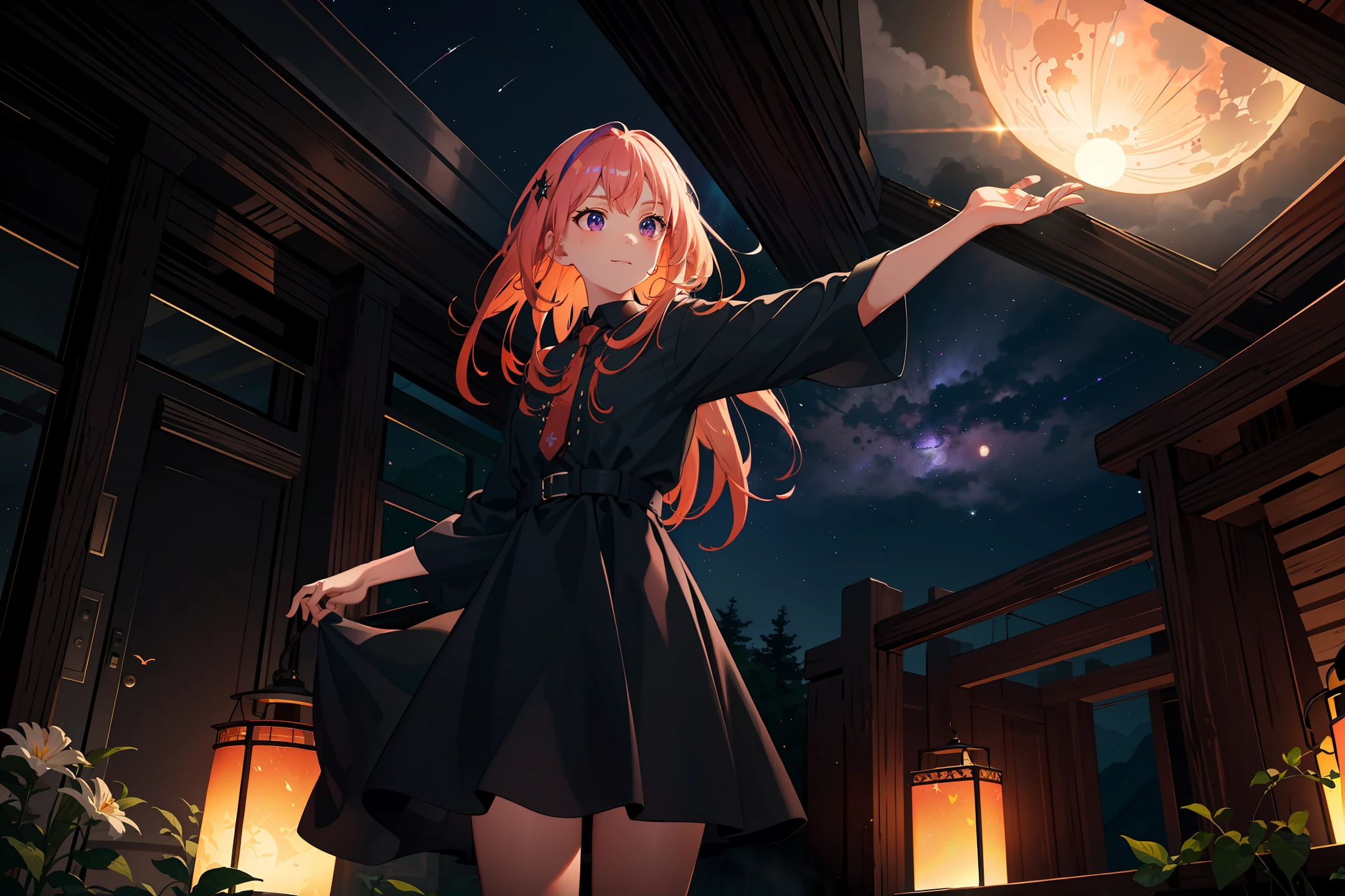 expansive landscape photograph , (a view from below that shows sky above and open field below), a girl standing on flower field looking up, (full moon:1.2), ( shooting stars:0.9), (nebula:1.3), distant mountain, tree BREAK
production art, (warm light source:1.2), (Firefly:1.2), lamp, lot of purple and orange, intricate details, volumetric lighting, realism BREAK
(masterpiece:1.2), (best quality), 4k, ultra-detailed, (dynamic composition:1.4), highly detailed, colorful details,( iridescent colors:1.2), (glowing lighting, atmospheric lighting), dreamy, magical, (solo:1.2)
