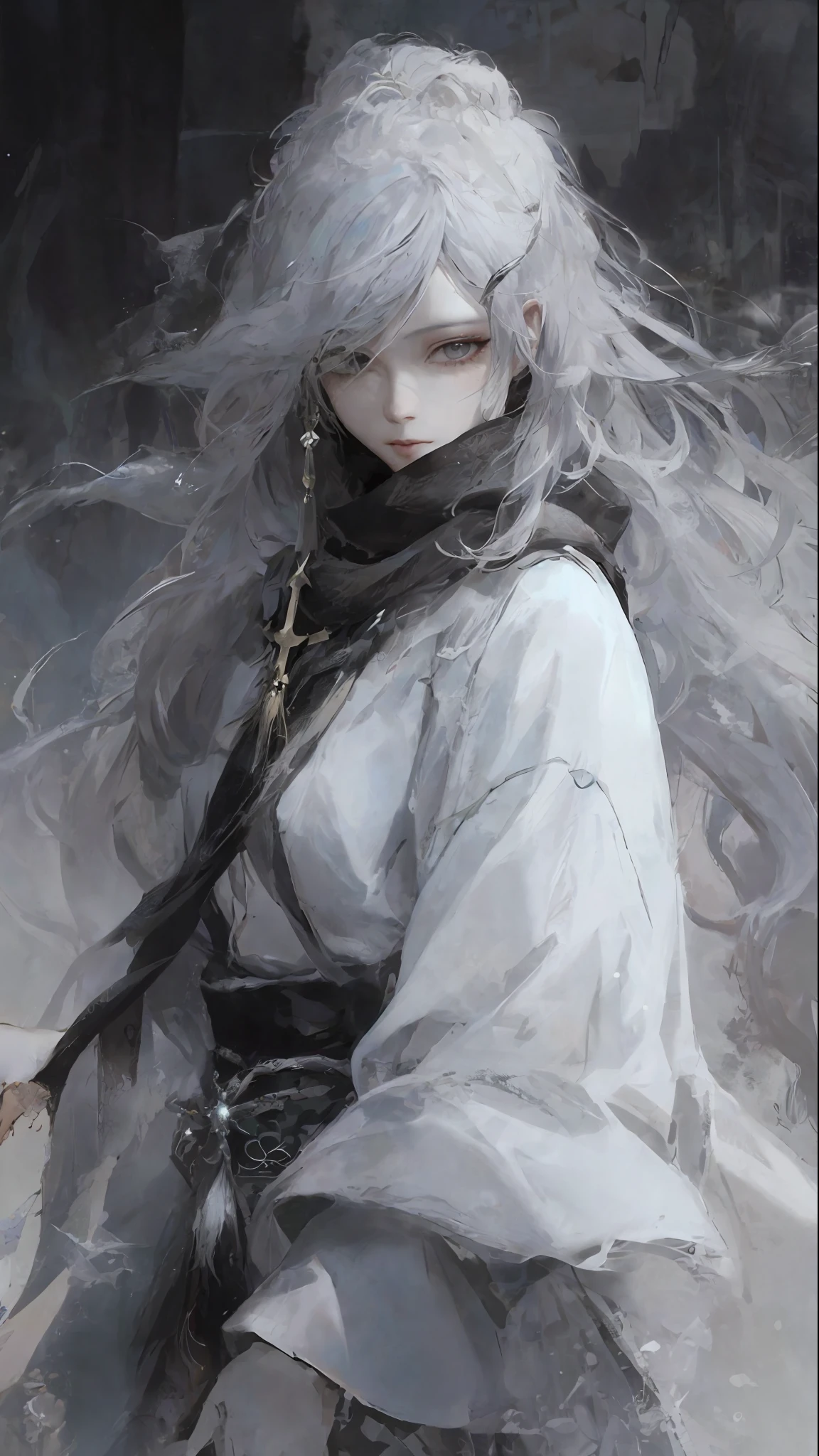 a close up of a woman with a white hair and a black scarf, a character portrait by Yang J, pixiv contest winner, fantasy art, white haired deity, beautiful character painting, artwork in the style of guweiz, the piercing stare of yuki onna, guweiz, with white long hair, with long white hair, flowing hair and long robes