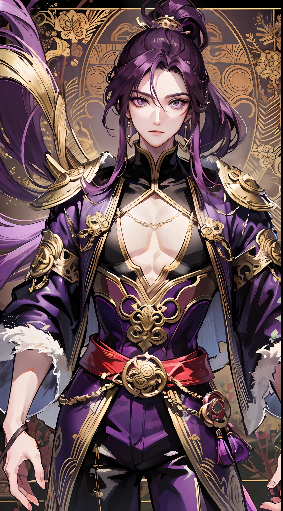 Tall guy, short dark purple hair, high ponytail, purple eyes, Monkey King clothes, open chest, battle staff, masterpiece, high quality