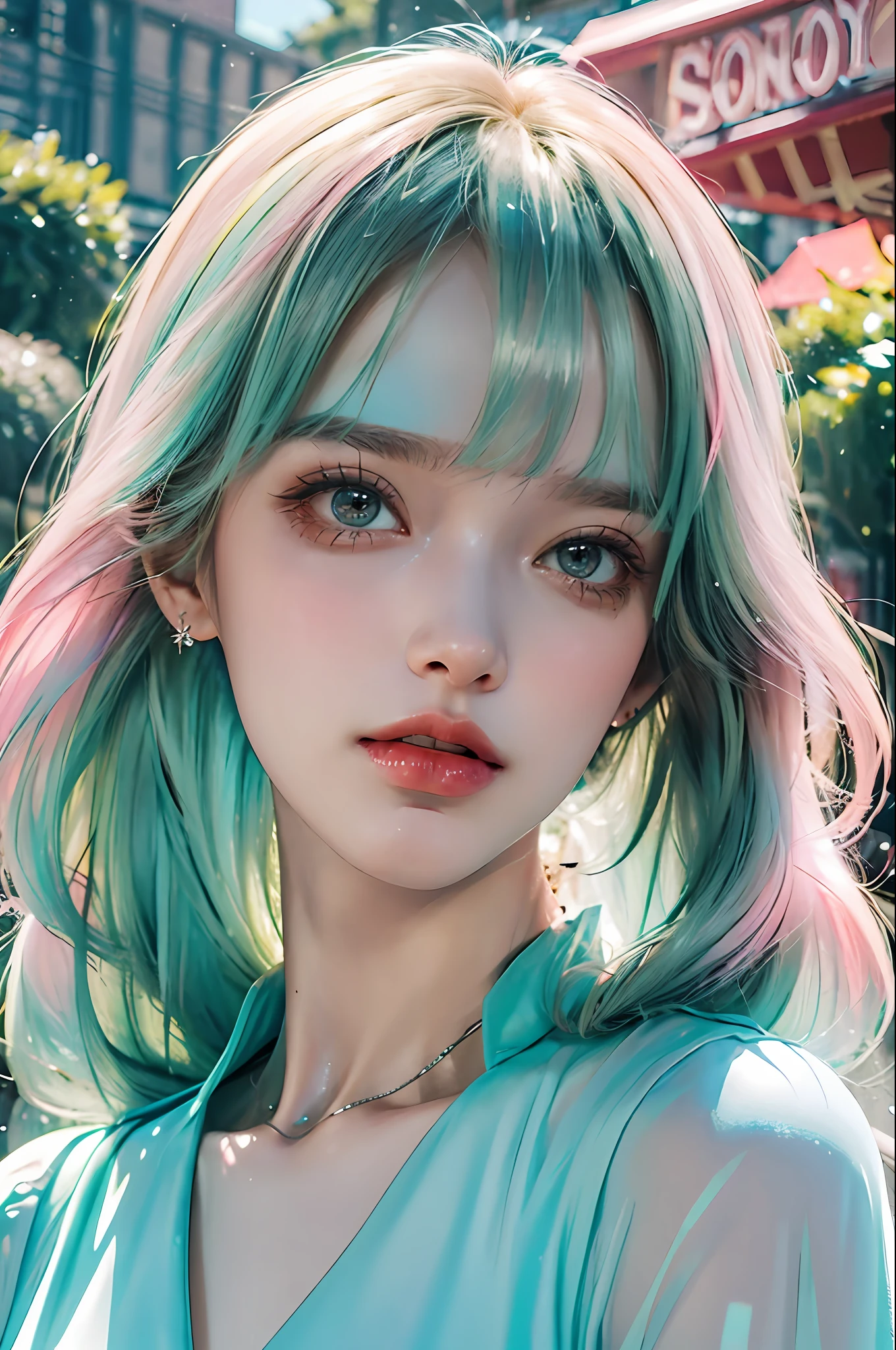 (fluorescent colors:1.4),(translucent:1.4),(retro filters:1.4), (fantasy:1.4), candy world Disney land ethereal soft fluffy soft landscape forest snowavatar Pastel pink sky green blue sparkle ethereal light pastel whimsical light rainbow stars diamonds sparkle gemstone background hyper realistic Ultra quality cinematic lighting immense detail Full hd painting Well lit,diagonal bangs,
collared dress,on side
masterpiece, best quality,realskin,(portrait:1.5), 1girl, blunt bangs, long hair