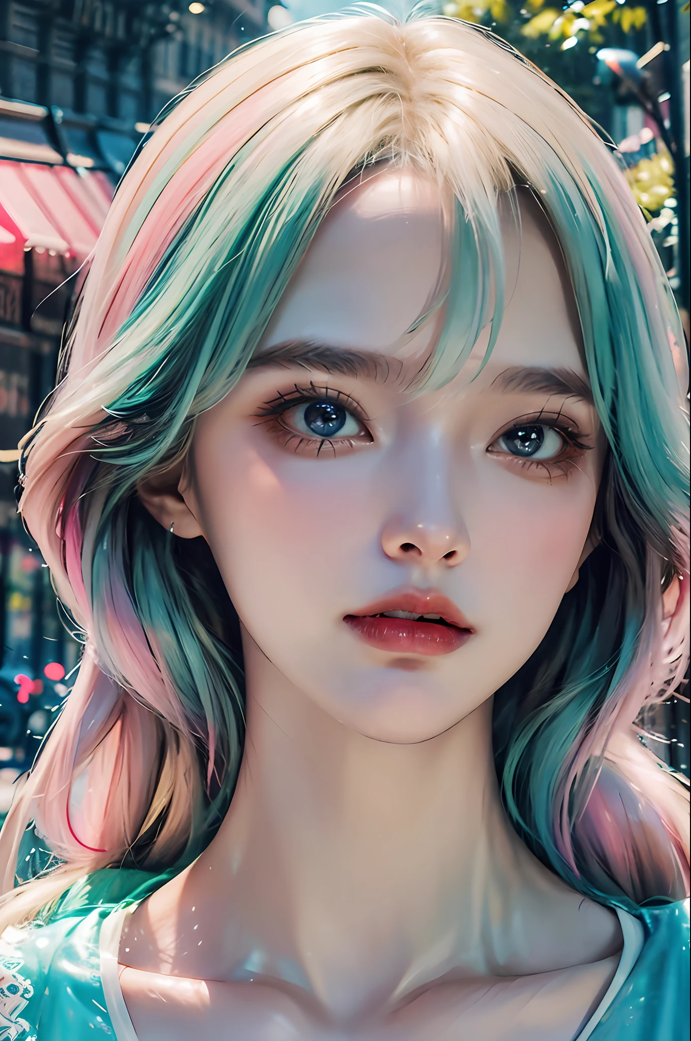 (fluorescent colors:1.4),(translucent:1.4),(retro filters:1.4), (fantasy:1.4), candy world Disney land ethereal soft fluffy soft landscape forest snowavatar Pastel pink sky green blue sparkle ethereal light pastel whimsical light rainbow stars diamonds sparkle gemstone background hyper realistic Ultra quality cinematic lighting immense detail Full hd painting Well lit,diagonal bangs,
collared dress,on side
masterpiece, best quality,realskin,(portrait:1.5), 1girl, blunt bangs, long hair