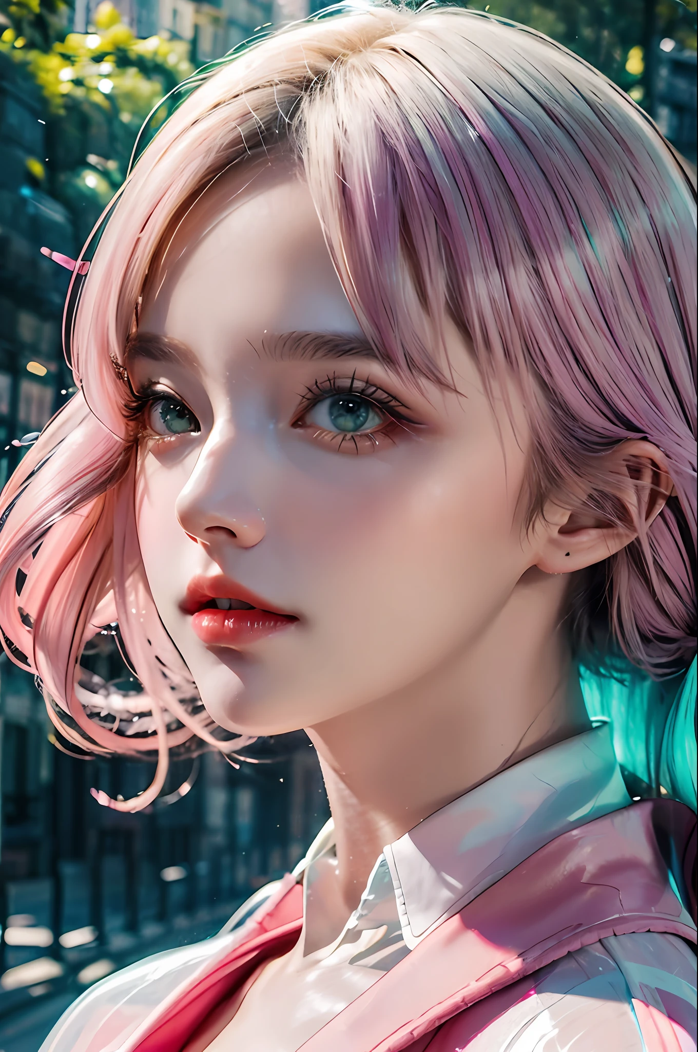 (fluorescent colors:1.4),(translucent:1.4),(retro filters:1.4), (fantasy:1.4), candy world Disney land ethereal soft fluffy soft landscape forest snowavatar Pastel pink sky green blue sparkle ethereal light pastel whimsical light rainbow stars diamonds sparkle gemstone background hyper realistic Ultra quality cinematic lighting immense detail Full hd painting Well lit,diagonal bangs,
collared dress,on side
masterpiece, best quality,realskin,(portrait:1.5), 1girl, blunt bangs, long hair