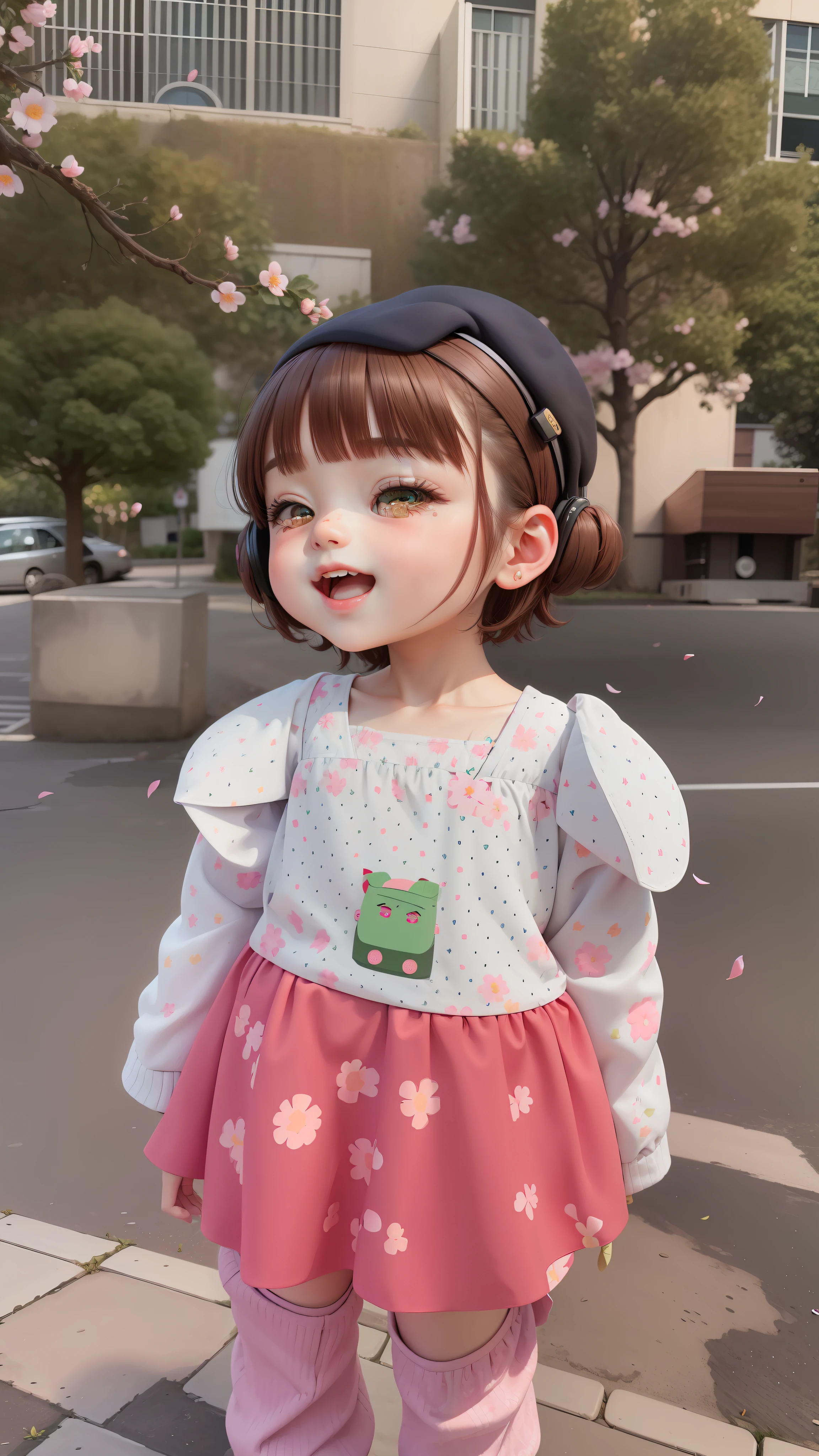 (masterpiece),(best quality),(ultra-detailed), (full body:1.2), 1girl,chibi,cute, smile, open mouth, flower, outdoors, playing guitar, music, beret, holding guitar, jacket, blush, tree, :3, shirt, short hair, cherry blossoms, green headwear, blurry, brown hair, blush stickers, long sleeves, bangs, headphones, black hair, pink flower, (beautiful detailed face), (beautiful detailed eyes),