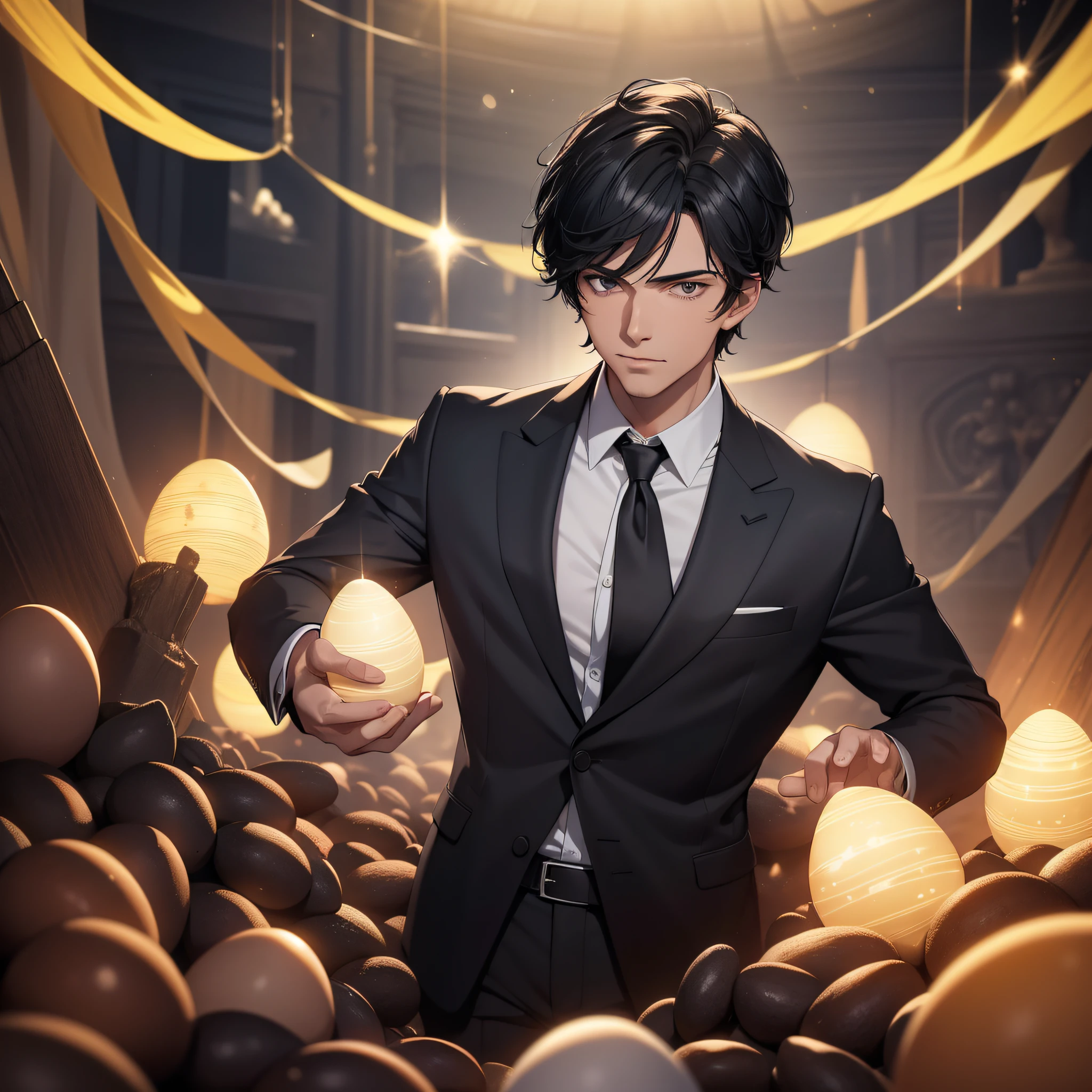 A thirty-year-old middle-aged man in a black suit with short black hair stands in a room piled with eggs, surrounded by firelight, radiant (expression disappointed 1.5) (magic array 1.5) (background is a room full of eggs 1.5) (best quality: 1.1) (Perspective 1.5) (Masterpiece: 1.3) with unparalleled masterpiece, surreal 8K, perfect artwork, super detail, best quality, masterpiece 4K wallpaper aesthetics, masterpiece, award-winning artwork, official art, cinematic lighting ( Handsome young man 1.5) (Handsome 1.5) (Vicissitudes 1.3