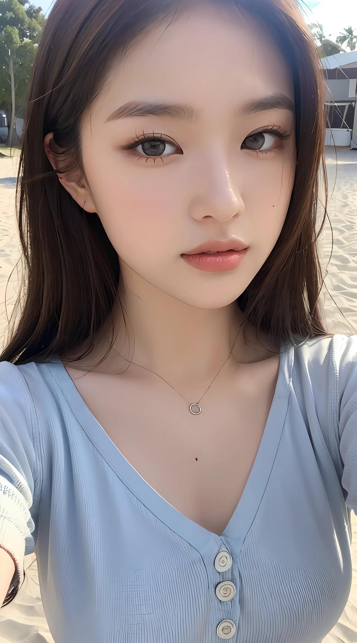 ((Realistic lighting, Best Quality, 8K, Masterpiece: 1.3)), Focus: 1.2, 1girl, Perfect Beauty: 1.4, Slim Abs: 1.1, ((Dark Brown Hair)), (Sexy Clothing: 1.5), (Outdoor, Beach: 1.1), Sexy, Selfie, Super Fine Face, Fine Eyes, Double Eyelids, Flushed Complexion,
