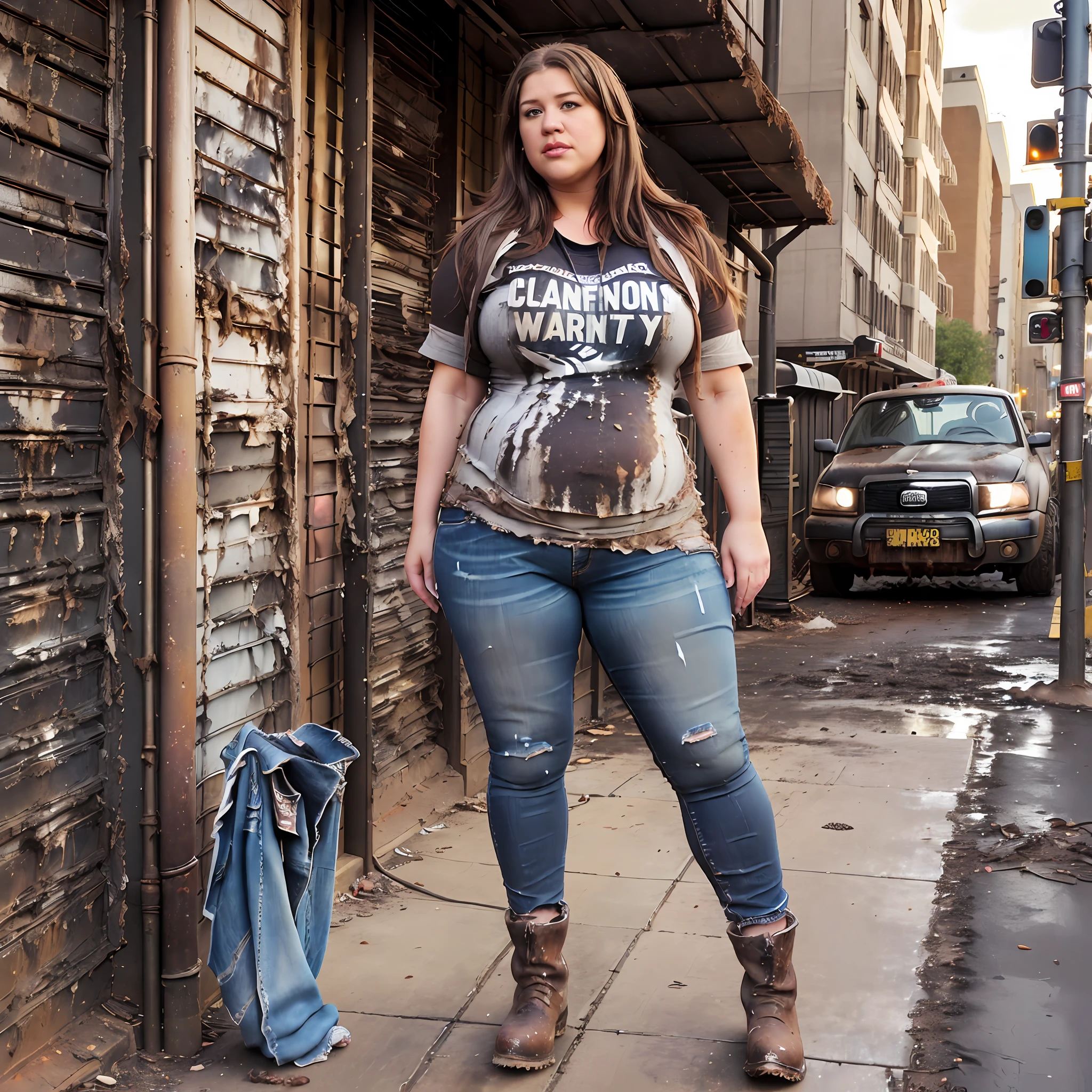 ((Overweight)) ((chubby)), Kelly Clarkson, small breasts, long brown hair, wearing casual jeans, t-shirt, boots, leather jacket, standing in the street, filthy dirty clothes, covered in dirt ((dirty clothes:1.2)) (((full body shot))) (((full length))) (masterpiece) ((cinematic look))