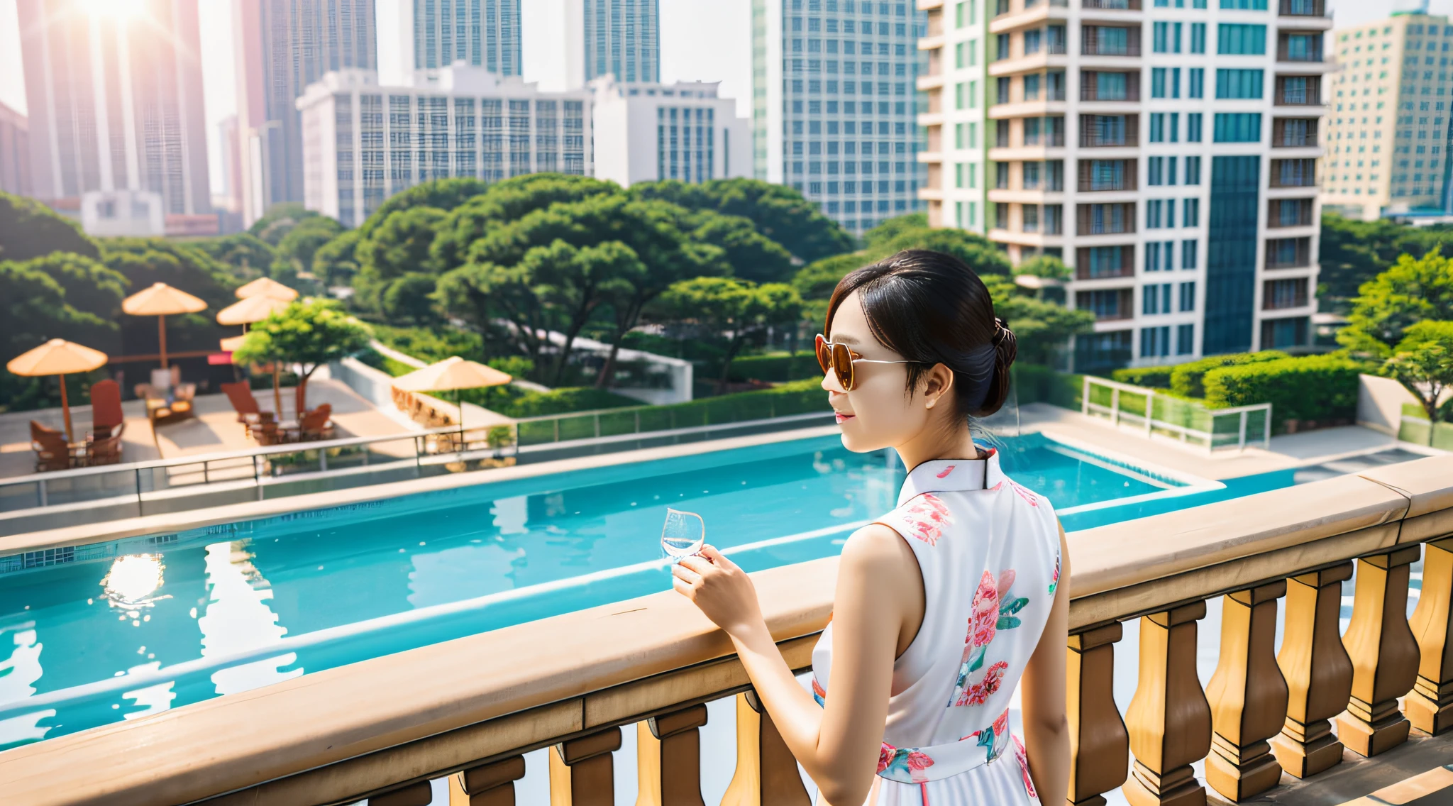 In summer, a Chinese woman with glowing glasses, standing on the balcony of a tall building, looking down at the pool downstairs, the sun in the sky, looking down, real, real details, high precision and rich details. Authentic photography --auto --s2