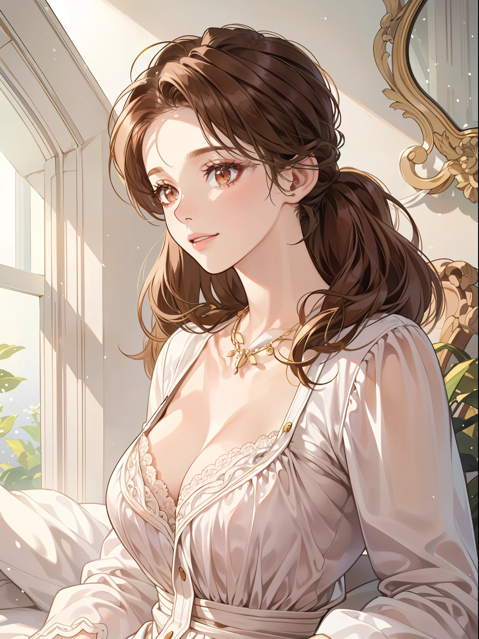 DETAILED, DENSE, MASTERPIECE, one girl, beautiful, wearing white cardigan, one girl lying on bed with blanket, brown hair, 22 years old, smooth skin, glowing skin, glowing hair, clear eyes, glowing eyes, brown eyes, soft lips, pale pink lips, (viewer Looking down: 0. 8) smiling slightly, cheeks stained, shy, mouth open, bangs, white sleeves, white clothing, one girl, soft skin, large breasts, glowing skin, cinematic lighting, rich lighting, room lighting, simple gold necklace, diamond necklace, white Lace bra, white lace panties, white lace underwear, high angle, low angle, (Masterpiece: 1.0), (Realistic: 1.6), (Soft Focus: 1.5)