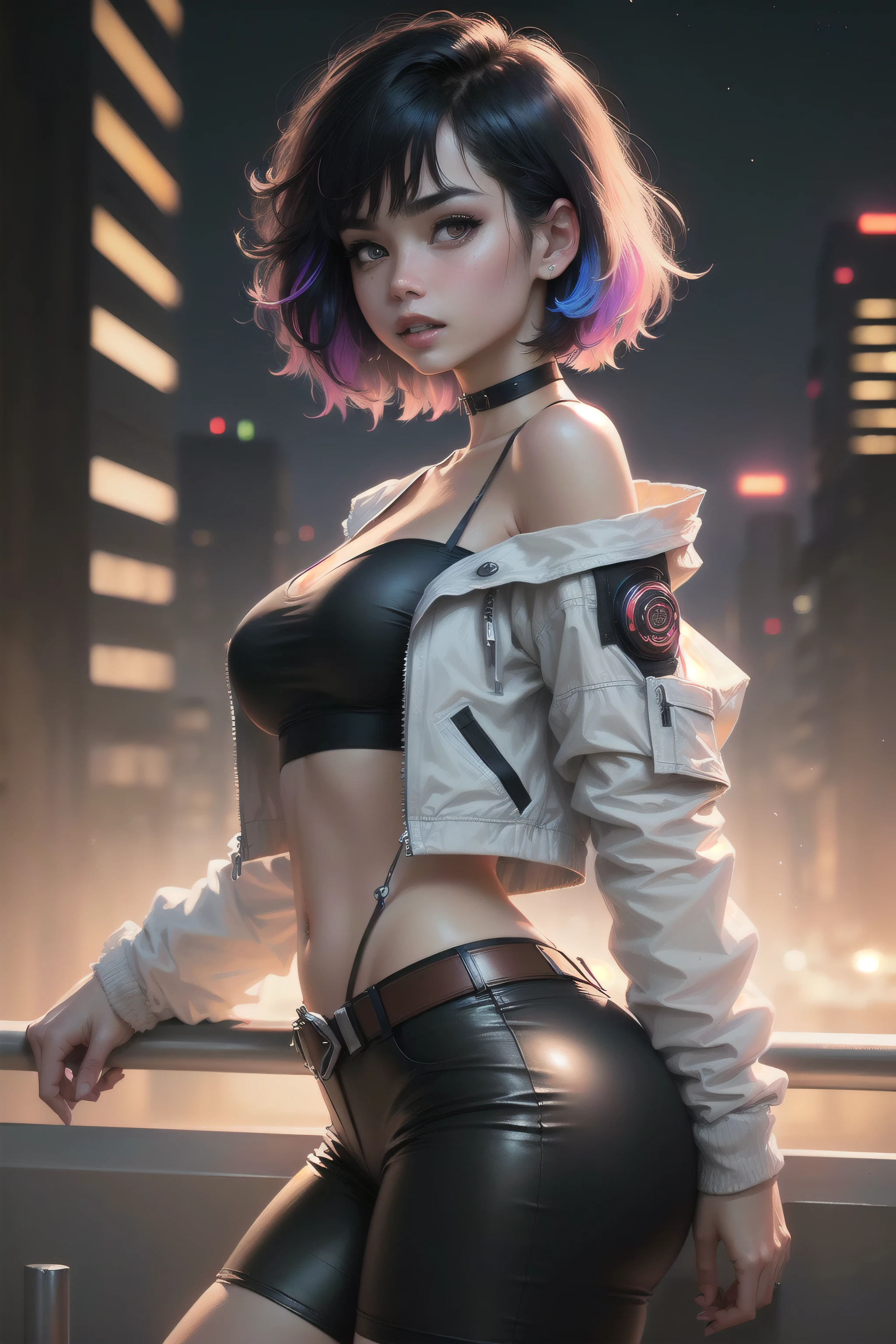 masterpiece, (photorealistic:1.4), best quality, beautiful lighting, (ulzzang-6500:0.5), lucy \(cyberpunk\), 1girl, against railing, arm rest, bangs, bare shoulders, belt, black belt, black leotard, black pants, blurry, bob cut, breasts, building, cityscape, clothing cutout, cropped jacket, cyberpunk, depth of field, from side, gradient eyes, grey eyes, grey hair, jacket, leotard, lips, long sleeves, looking afar, looking ahead, mechanical parts, medium breasts, multicolored eyes, multicolored hair, night, night sky, off shoulder, open clothes, open jacket, outdoors, pants, parted lips, railing, red eyeliner, science fiction, short hair with long locks, short shorts, shorts, sidelocks, sky, solo, standing, teeth, thigh cutout, upper teeth only, white jacket, white shorts, cyberpunk \(series\), cyberpunk edgerunners, RAW photo, 8k uhd, film grain