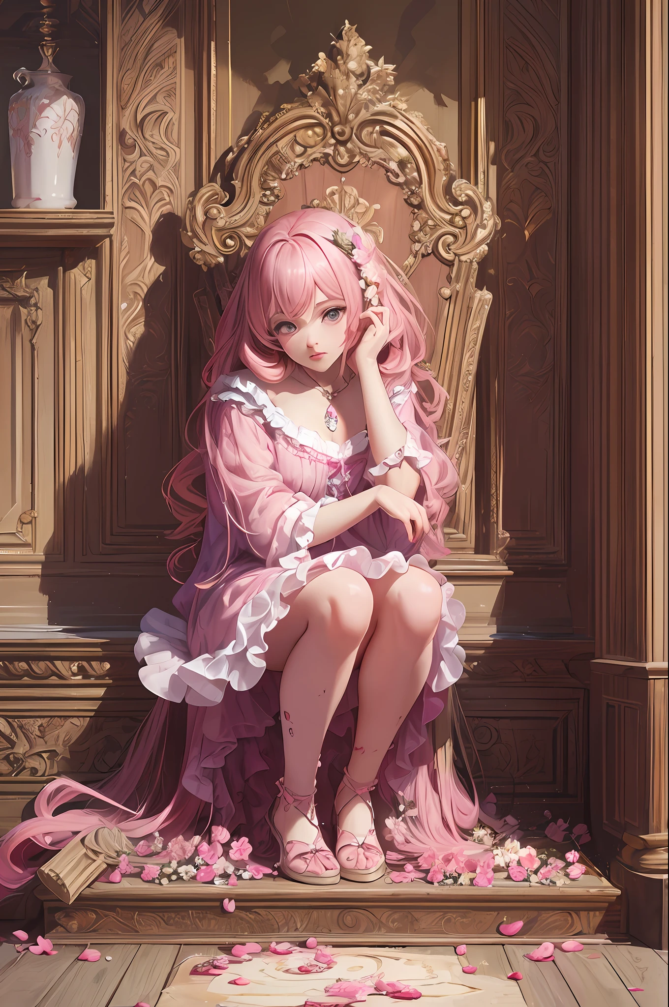 ( Absurd , High quality , ultra detailed, masterpiece, concept art, smooth, highly detailed artwork, hyper realistic painting ) Dramatic , Romantic , Vivid, girl , pink , strawberry shortcake character, cute , whole body ,