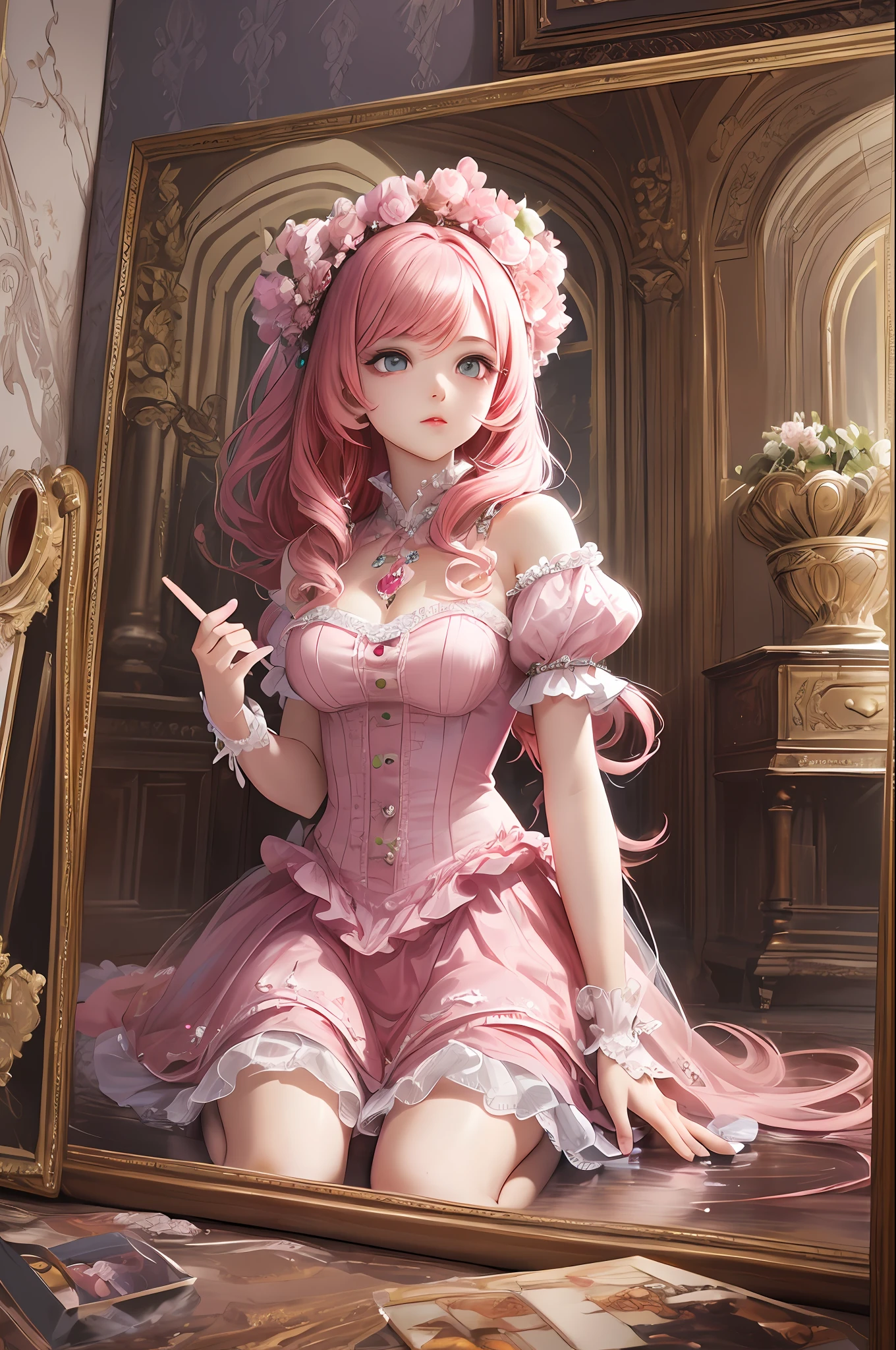 ( Absurd , High quality , ultra detailed, masterpiece, concept art, smooth, highly detailed artwork, hyper realistic painting ) Dramatic , Romantic , Vivid, girl , pink , strawberry shortcake character, cute , whole body ,