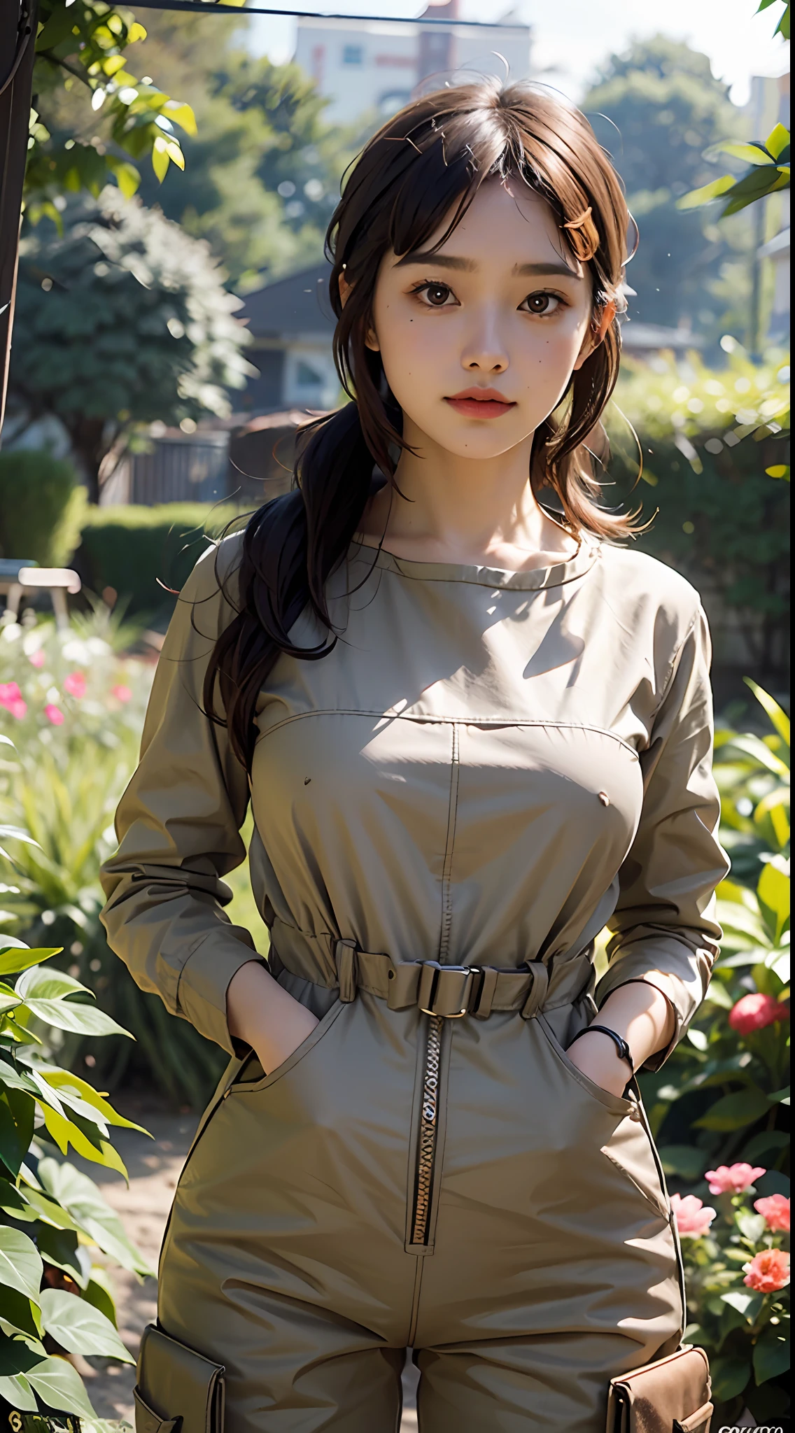 1 girl, solo, brown hair, cargo jumpsuit, looking audience, long hair, garden, brown eyes, reality, curvaceous pose, medium 