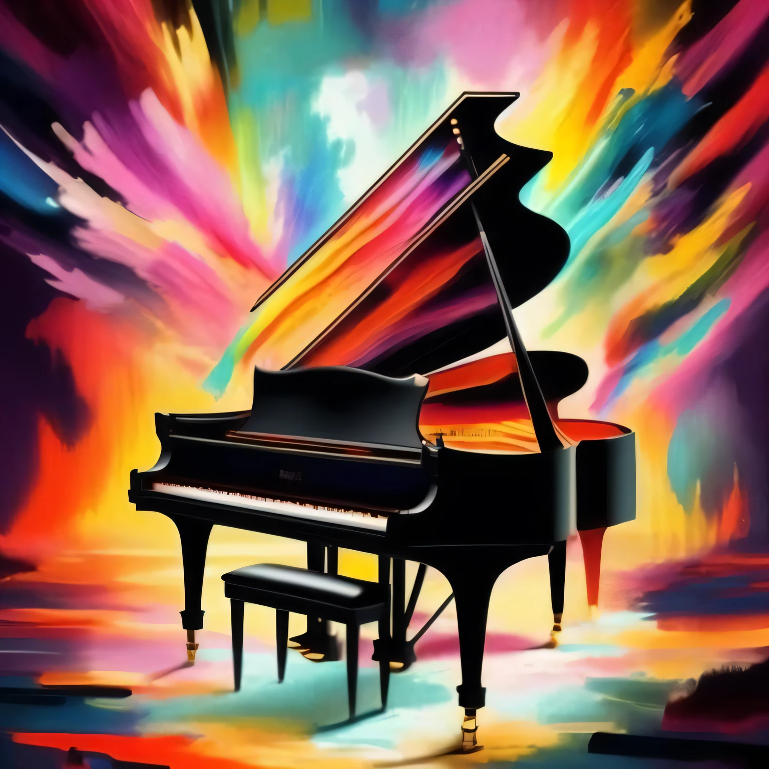 a painting of a piano surrounded by colorful paint, masterpiece, Synesthesia