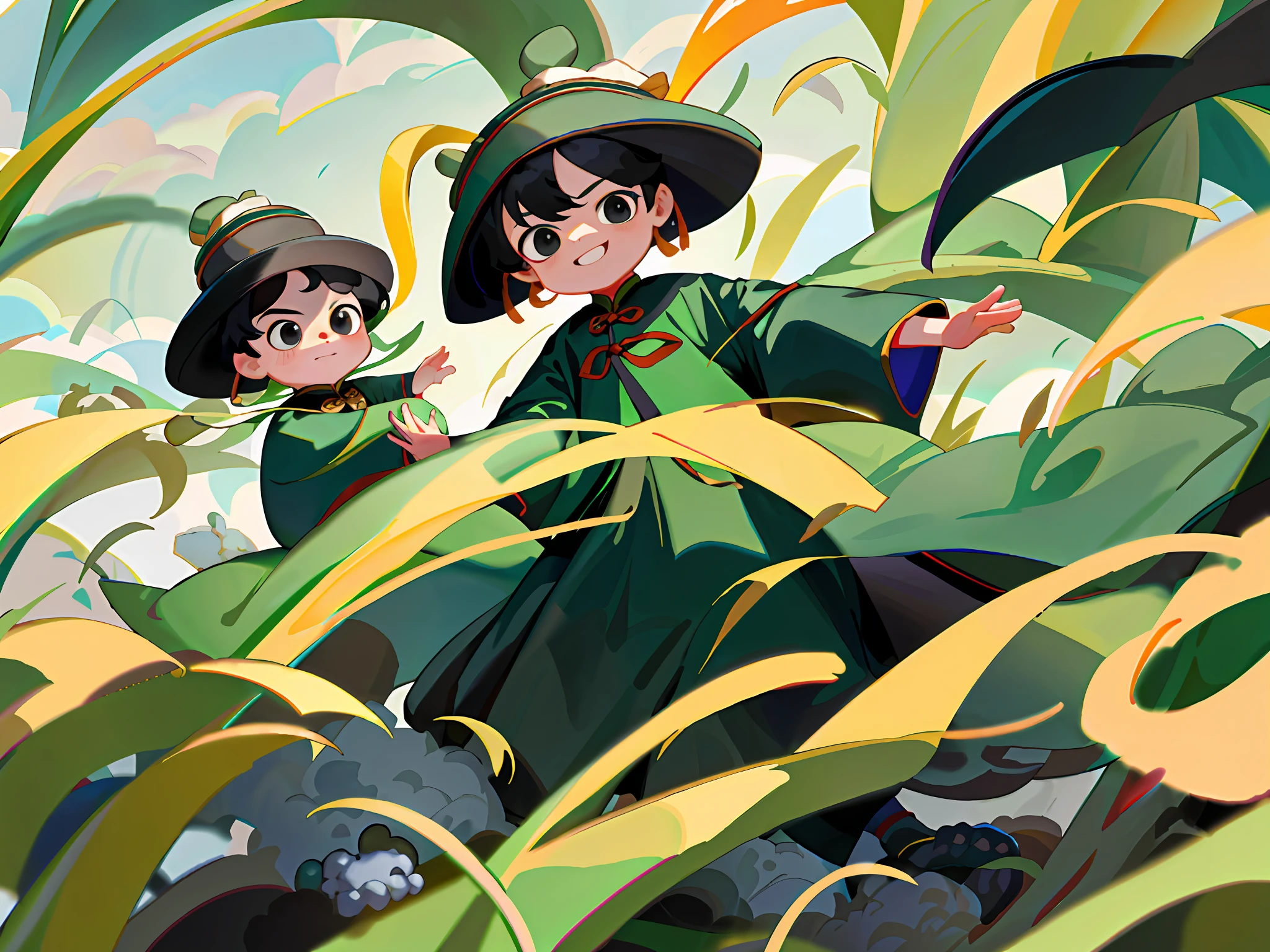 8k, masterpiece, high quality, boy, child, black hair and black eyes, oil painting, Q version, green long sleeves, Chinese children's clothing, holding rice, happy, zongzi, complete hands