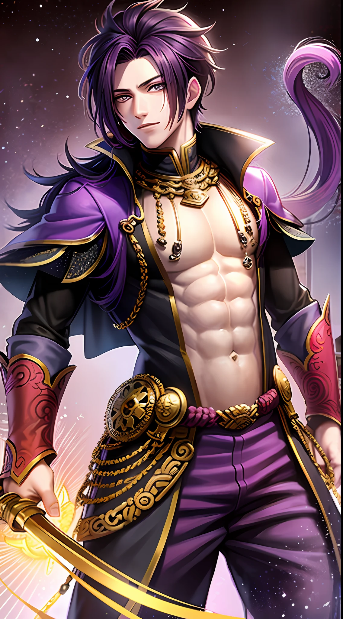 Tall guy, short dark purple hair, high ponytail, purple eyes, Monkey King clothes, open chest, battle staff, masterpiece, high quality