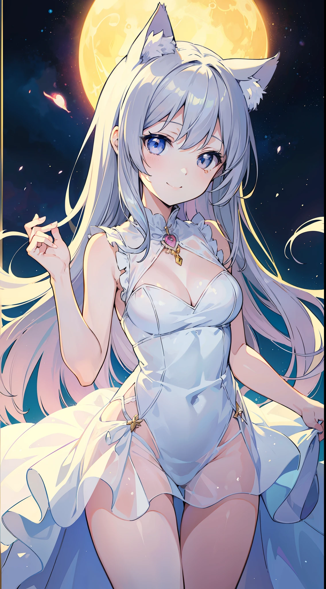 (Masterpiece), (Top Quality Anime Illustration), (Super Definition), One Girl, Solo, Silver-haired Beautiful Girl, Anime , Cat Ear Lolile Color White Silver See-Through Dress, Sleeveless, Smile, Cleavage Emphasis, Lower Breast Enhancement, Thighs, Tarot Card Style, Moon