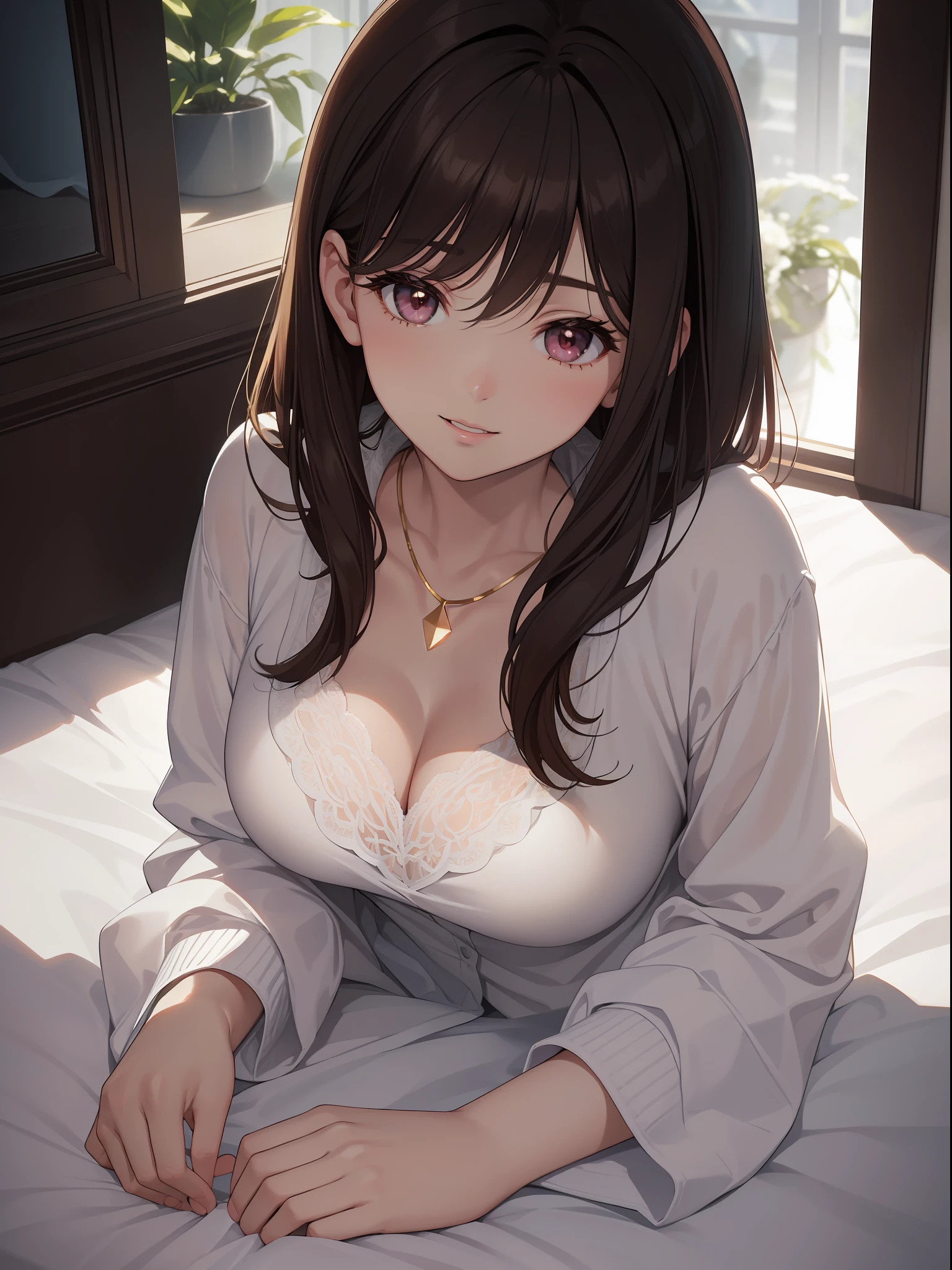 DETAILED, DENSE, MASTERPIECE, one girl, beautiful, wearing white cardigan, one girl lying on bed with blanket, brown hair, 22 years old, smooth skin, glowing skin, glowing hair, clear eyes, glowing eyes, brown eyes, soft lips, pale pink lips, (viewer Looking down: 0. 8) smiling slightly, cheeks stained, shy, mouth open, bangs, white sleeves, white clothing, one girl, soft skin, large breasts, glowing skin, cinematic lighting, rich lighting, room lighting, simple gold necklace, diamond necklace, white Lace bra, white lace panties, white lace underwear, high angle, low angle, (Masterpiece: 1.0), (Realistic: 1.6), (Soft Focus: 1.5)