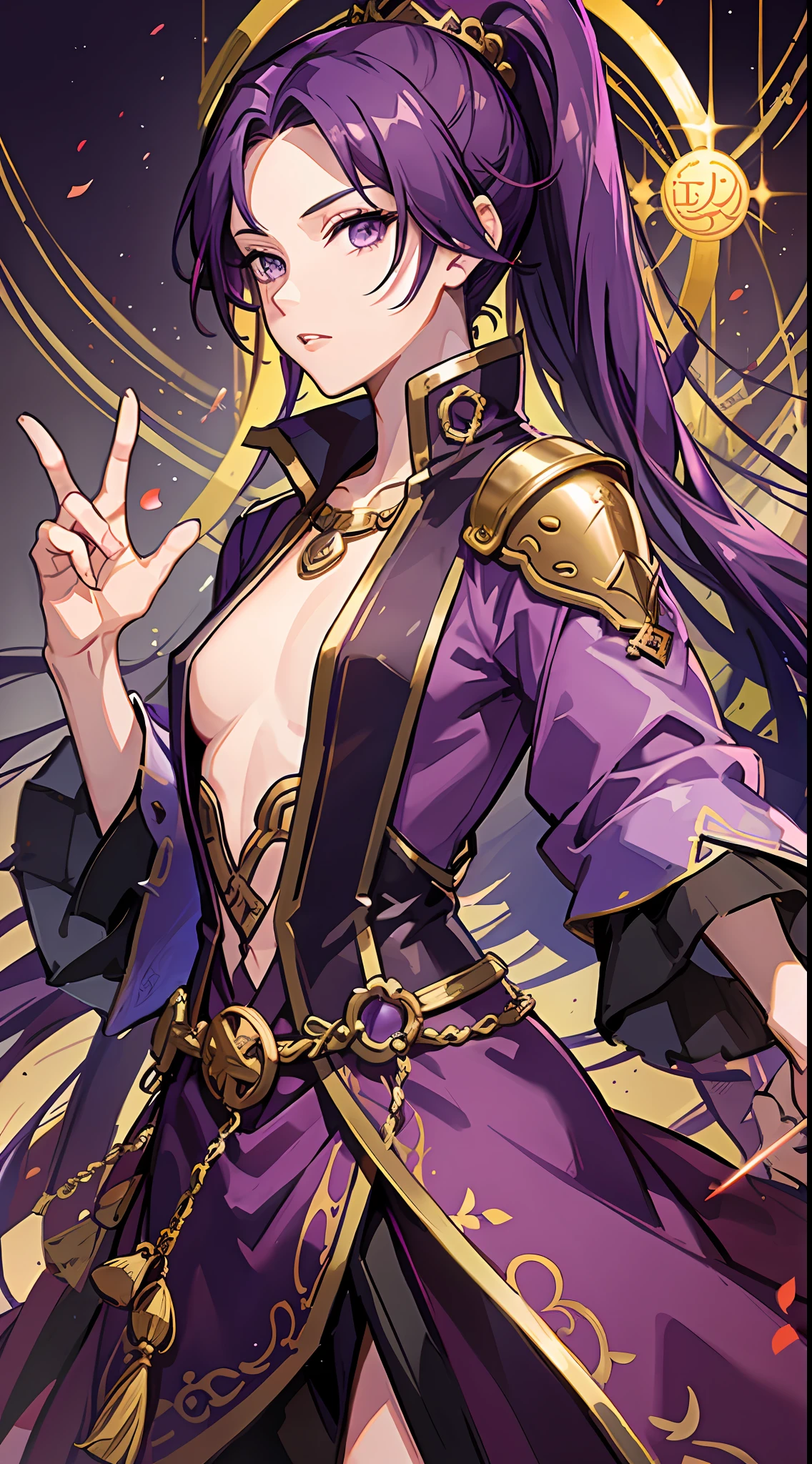 Tall guy, short dark purple hair, high ponytail, purple eyes, Monkey King clothes, open chest, battle staff, masterpiece, high quality