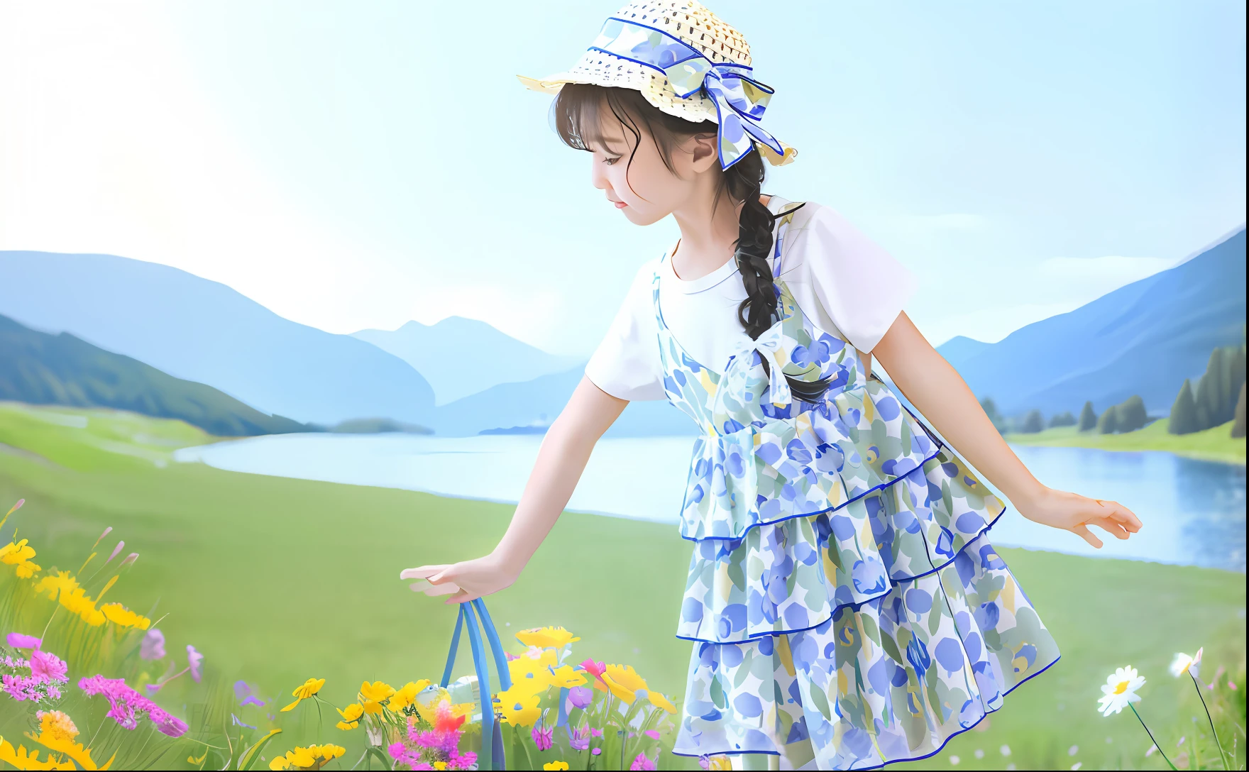 Meadows, flowers, mountains, sky
