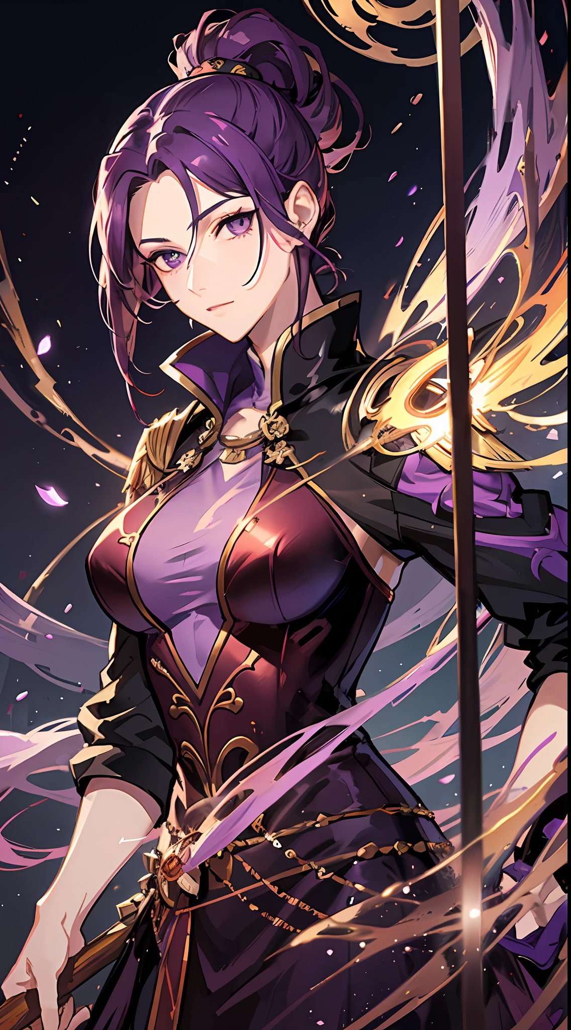 Tall guy, short dark purple hair, high ponytail, purple eyes, Monkey King clothes, open chest, battle staff, masterpiece, high quality