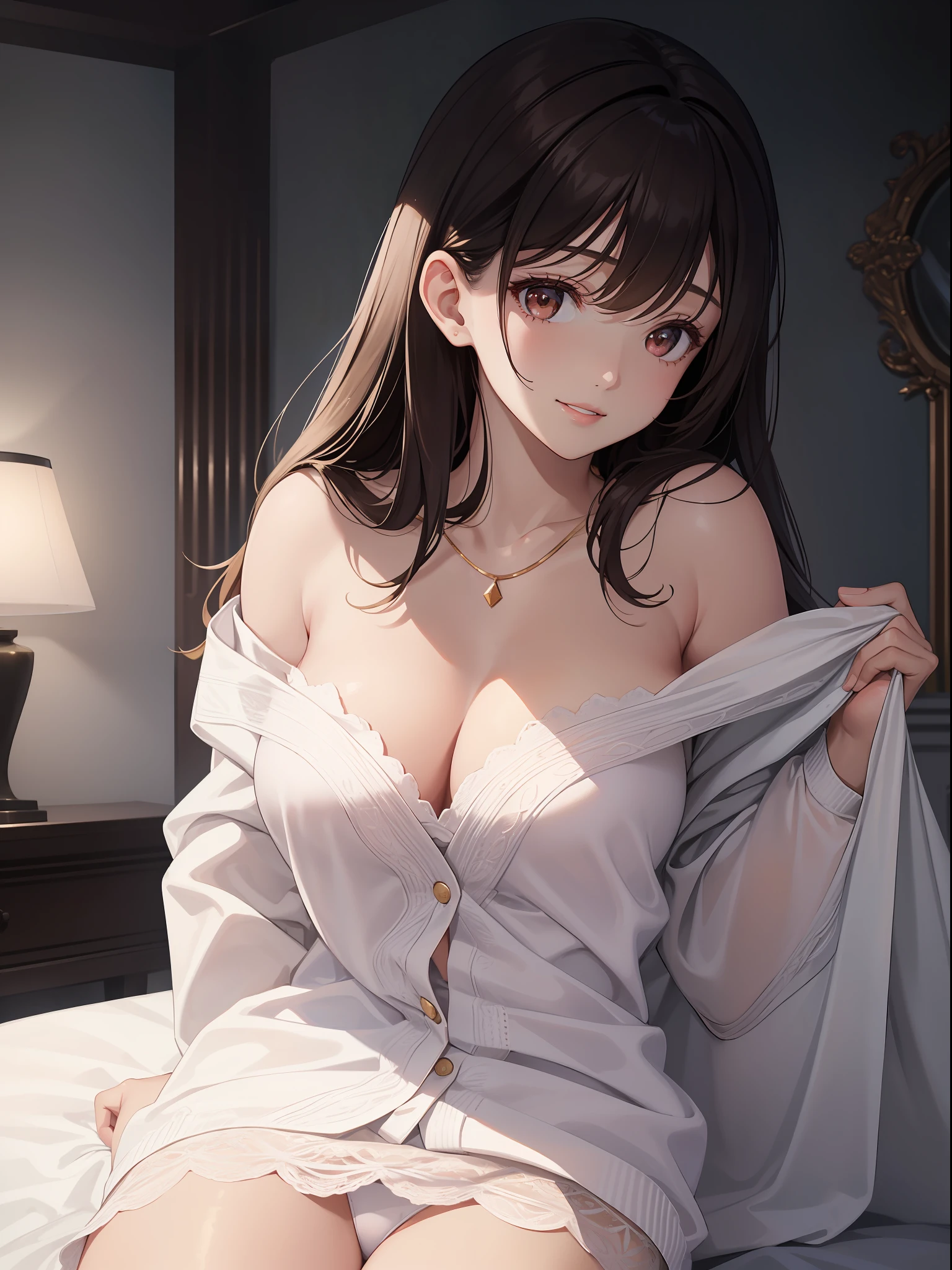 DETAILED, DENSE, MASTERPIECE, one girl, beautiful, wearing white cardigan, one girl lying on bed with blanket, brown hair, 22 years old, smooth skin, glowing skin, glowing hair, clear eyes, glowing eyes, brown eyes, soft lips, pale pink lips, (viewer Looking down: 0. 8) smiling slightly, cheeks stained, shy, mouth open, bangs, white sleeves, white clothing, one girl, soft skin, large breasts, glowing skin, cinematic lighting, rich lighting, room lighting, simple gold necklace, diamond necklace, white Lace bra, white lace panties, white lace underwear, high angle, low angle, (Masterpiece: 1.0), (Realistic: 1.6), (Soft Focus: 1.5)