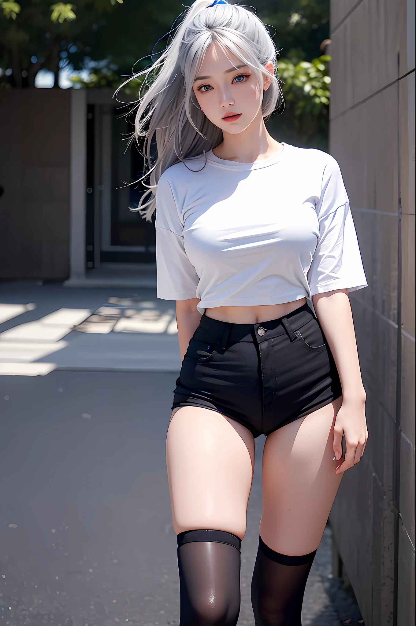 photorealistic, high resolution, 1 girl, gray hair, korean, blue eyes, white shirt, skimpy tight black shorts,