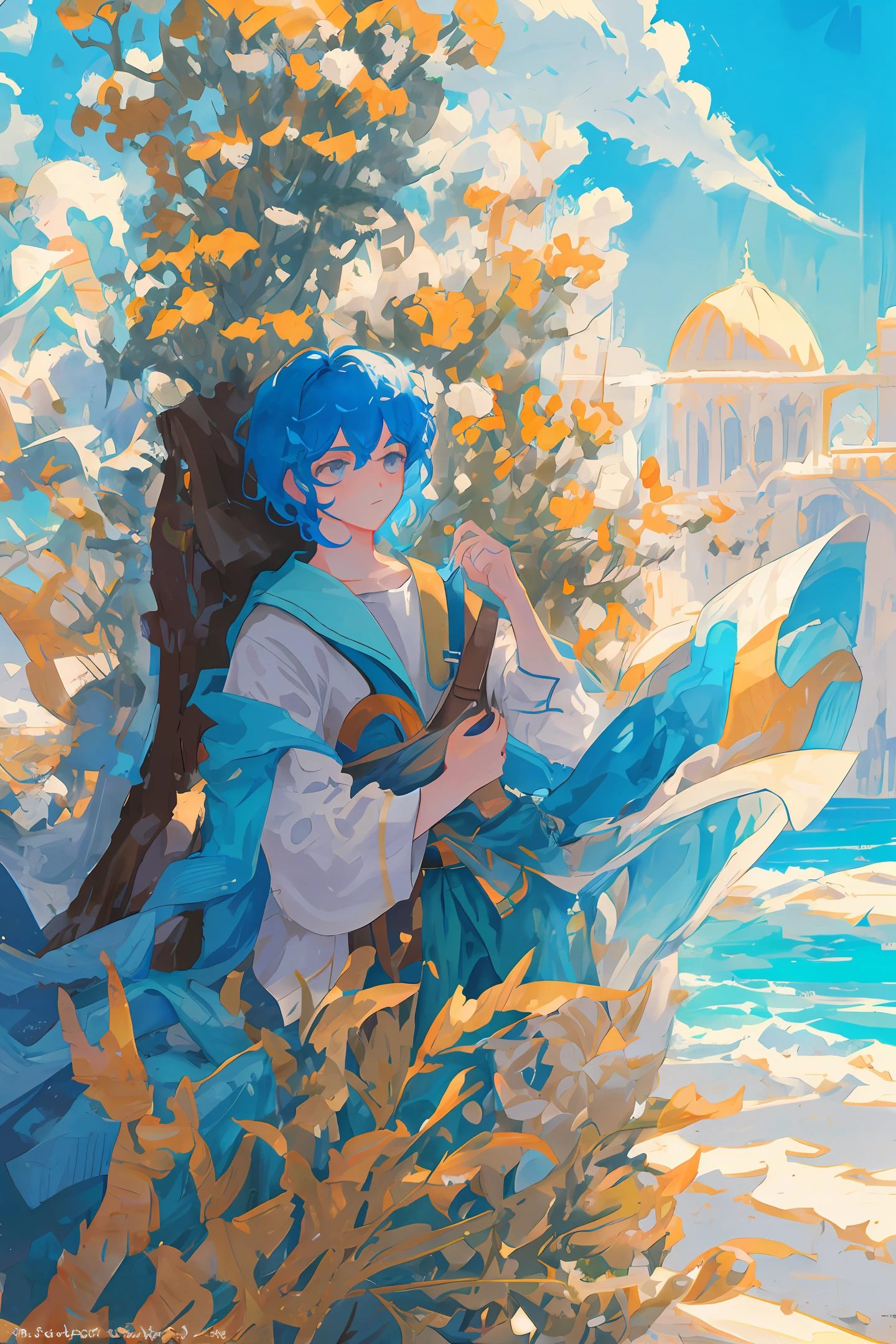 A man climbing a tree with blue hair
