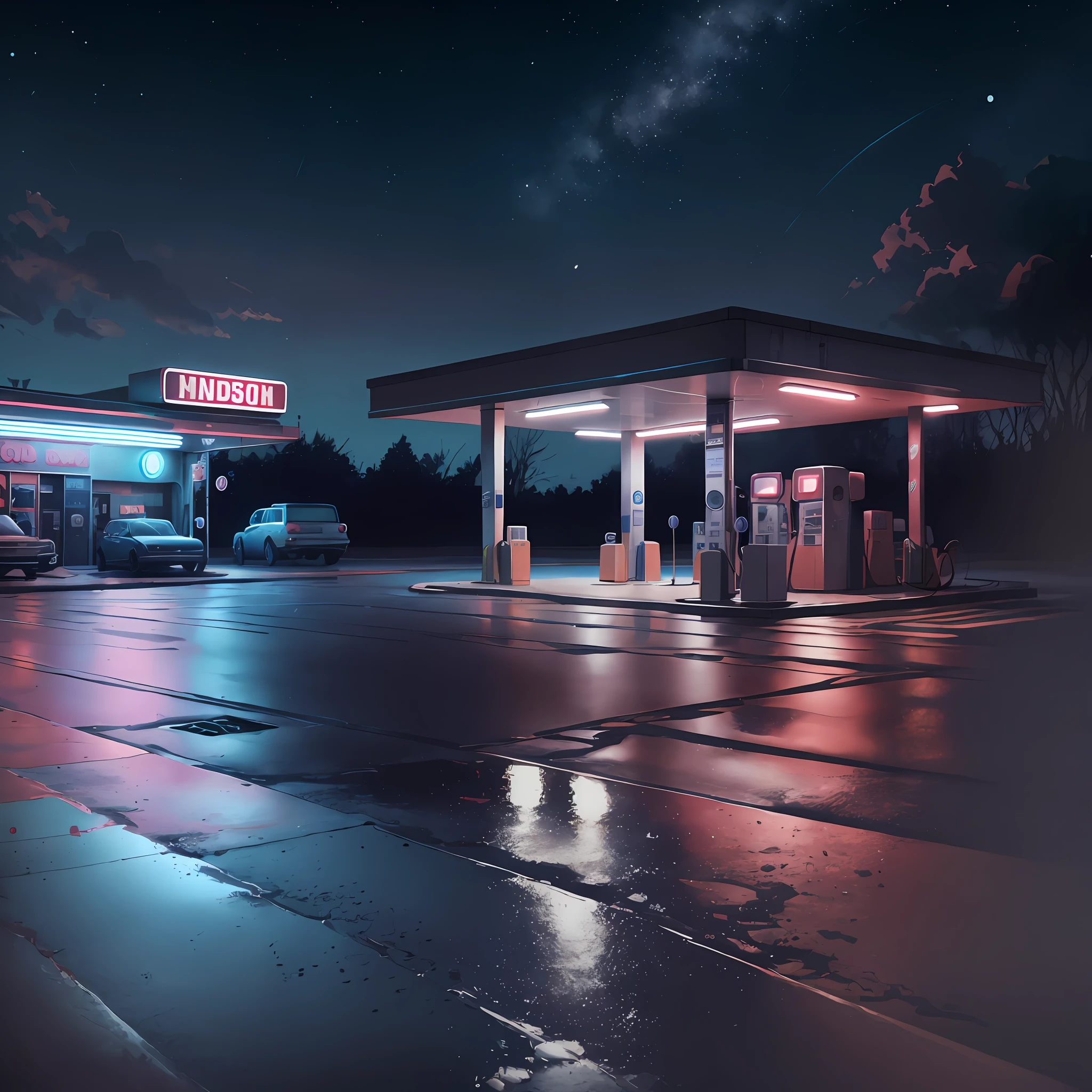 Night scene of a gas station with a parked car, starry night, puddles of water on the floor, gas station in space, gas station, in the art style of Filip Hodas, "gas station photography, Arstation and Beeple Highly, 3 D render Beeple, Beeple and Tim Hildebrandt, Artem Demura Beeple, Recession Beeple, Makoto Shinkai style --auto --s2