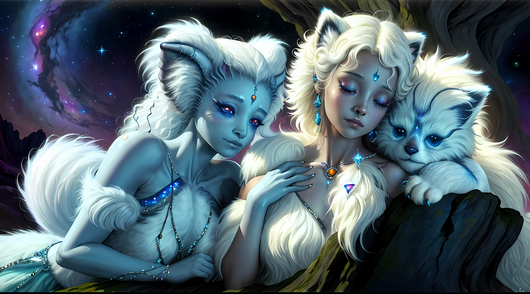 breathtaking masterpiece, best quality, highest quality, highly detailed, exquisite, award winning 8K digital painting of an ethereal and (incredibly beautiful female alien:1.4) with luminescent body parts that shimmer like stardust (lying gracefully on a steep cliff:1.2), casting a watchful gaze over (the galaxy:1.33), (a fluffy creature rests on her shoulder:1.8), intricate details, golden ratio, BaroqueAI, v0id3nergy, by Louis Royo