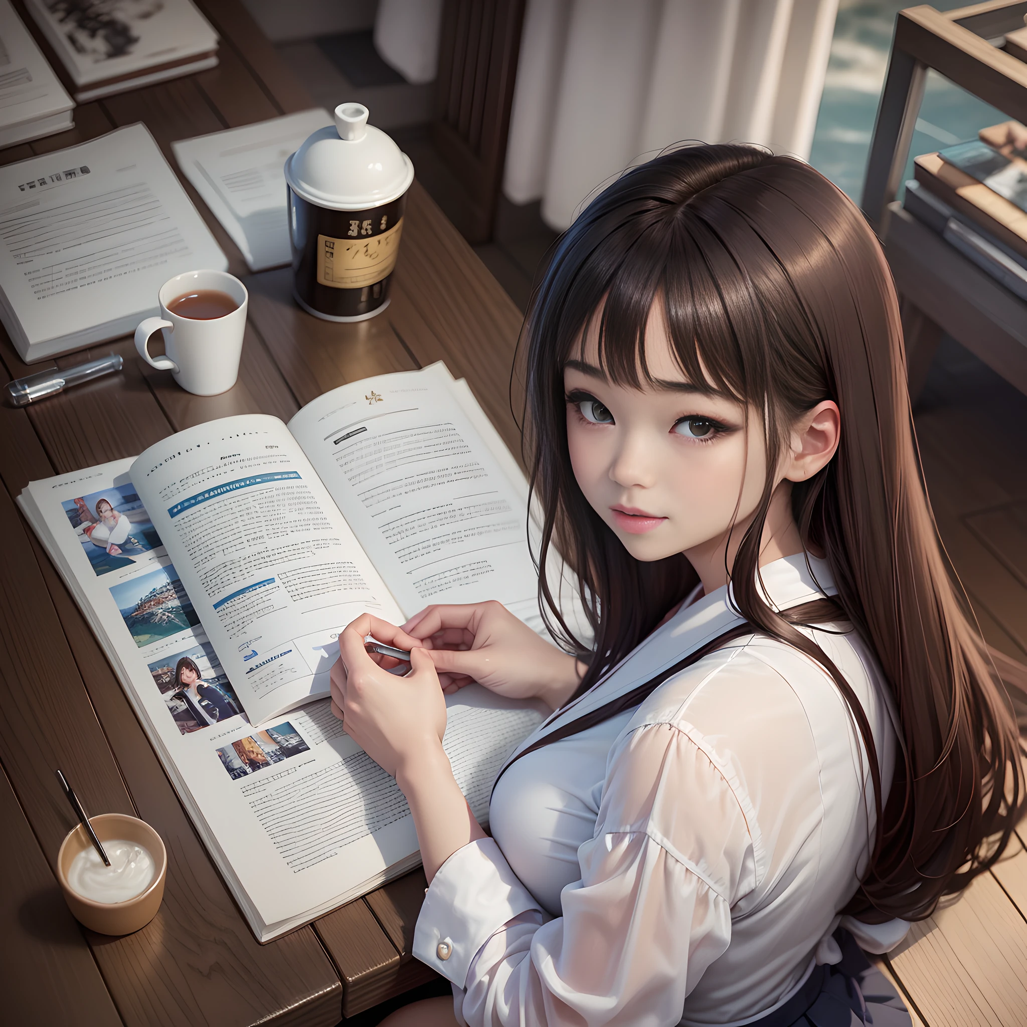 Woman in white shirt, screenshot inspired by Chikuha Otake, elegant smile, sitcom screenshot, exact face, underbite, boichi, 1 girl, solo, pantyhose, school uniform, skirt, long hair, flip skirt, brown eyes, brown hair, lifting clothes, sit, seraphku, lift yourself, real, brunette hair, Japan model woman in white bikini posing in pool, gorgeous Japan model, beautiful Japan model, elegant bikini, sexy girl, sexy pose, gwise style artwork, attractive pose, realistic bikini, Japan goddess, beautiful girl model, wlop. 4 K, high-quality illustration of a girl in a dress, lying face down on a sheet reading a book, tea and cup next to her, illustration made of mokro pencil, view from above , --auto --s2