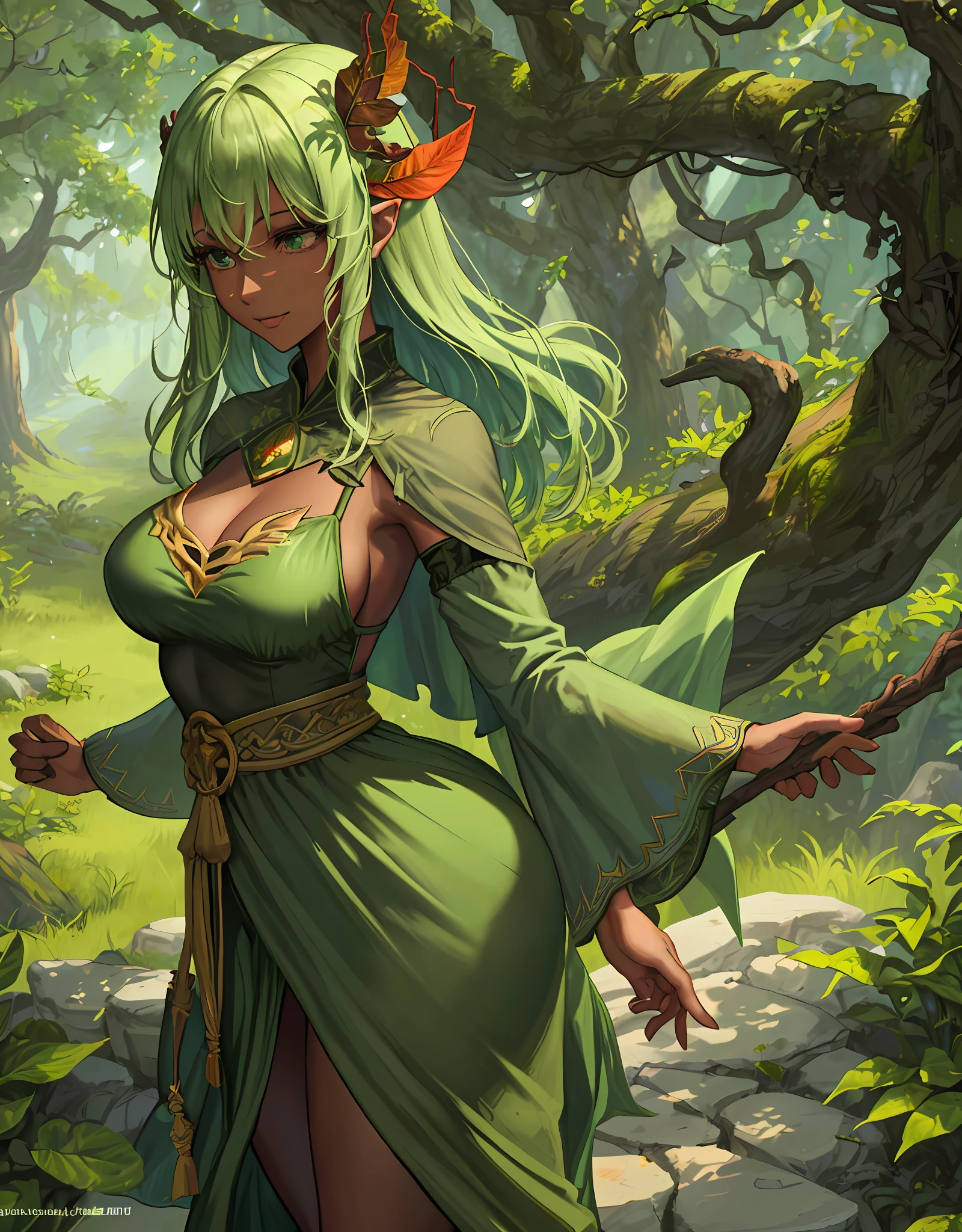 ファンタジー, 1forest_elemental_girl, dynamic_pose_fighting, (using_leaves_clothes, green_leaves_covered_breasts, leaves_covered_pussy)+++,big_tits,dynamic_pose_standing, light_smile, 眠い, medium_hair, へそ,(dark_skin)+, オイル, (winding_vine_around_torso)++, (ふっくらと)+,森, trees_background, leaves_headgear, green_leaves_cape, hold_large_long_staff, large_thighs, large_ass, solo,