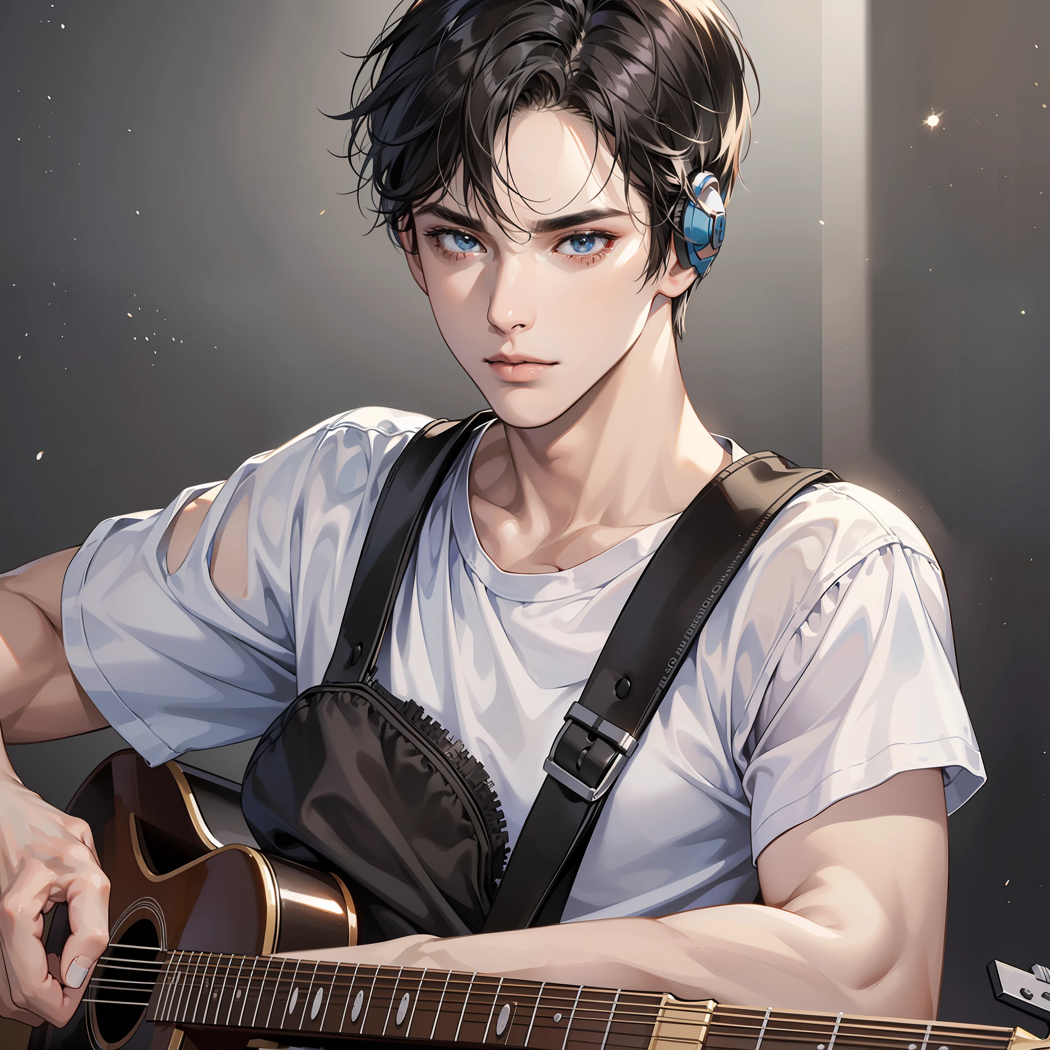 Masterpiece, high quality, best quality, HD, realistic, perfect lighting, detailed face, detailed body, 1 man, short black hair, white t-shirt, (serious expression: 1.5) (calm face: 1.5), looking at the computer screen, holding the guitar and singing, with headphones