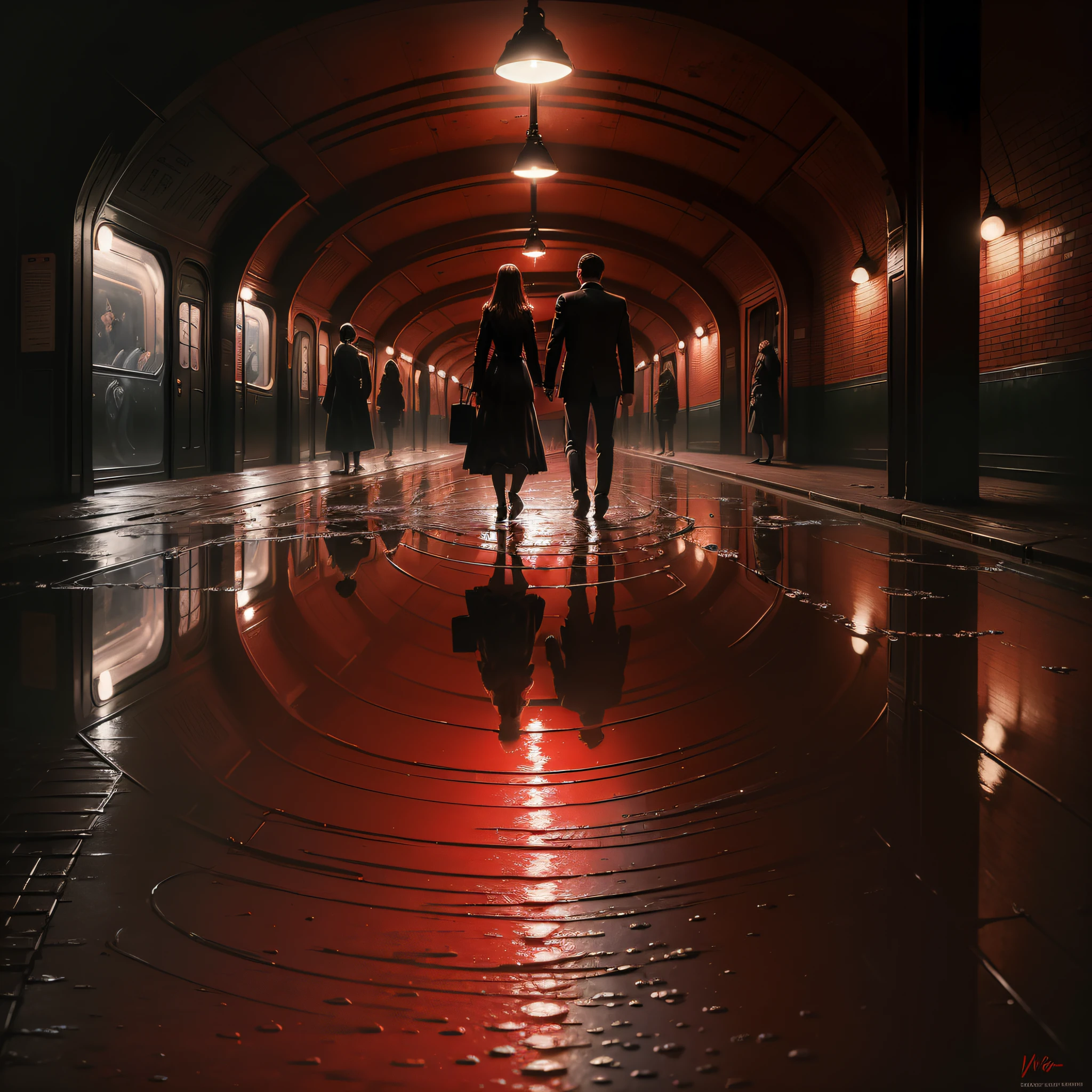 (masterpiece, painting by Claude Monet), dark environment,(a couple),(in a subway station of the future),(lighting in mind-blowing red), (many puddles of water)