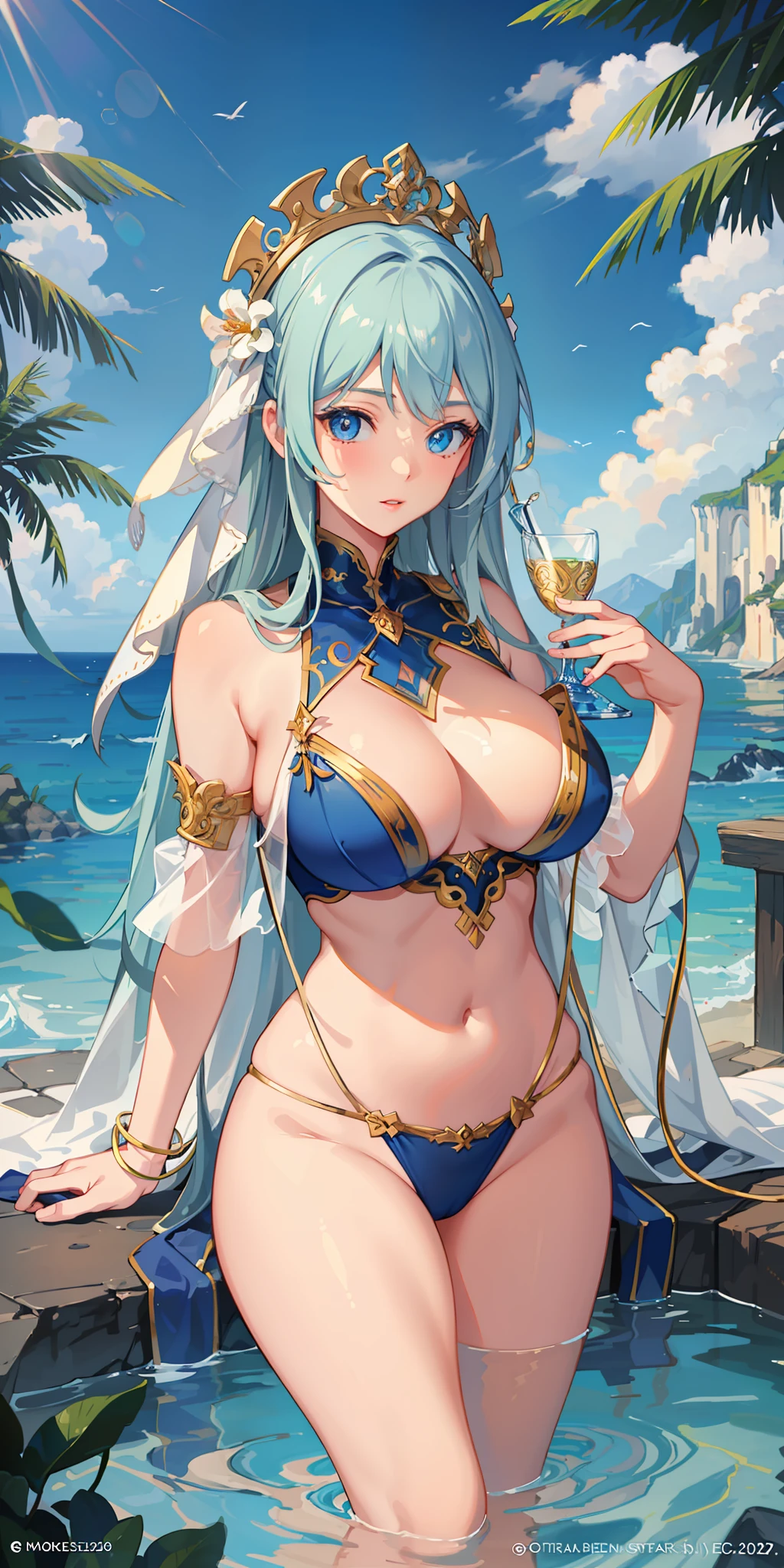 (masterpiece, finely detailed beautiful eyes: 1.2), ultra-detailed, illustration, 1girl, huge breasts, goddess of water, detailed background,