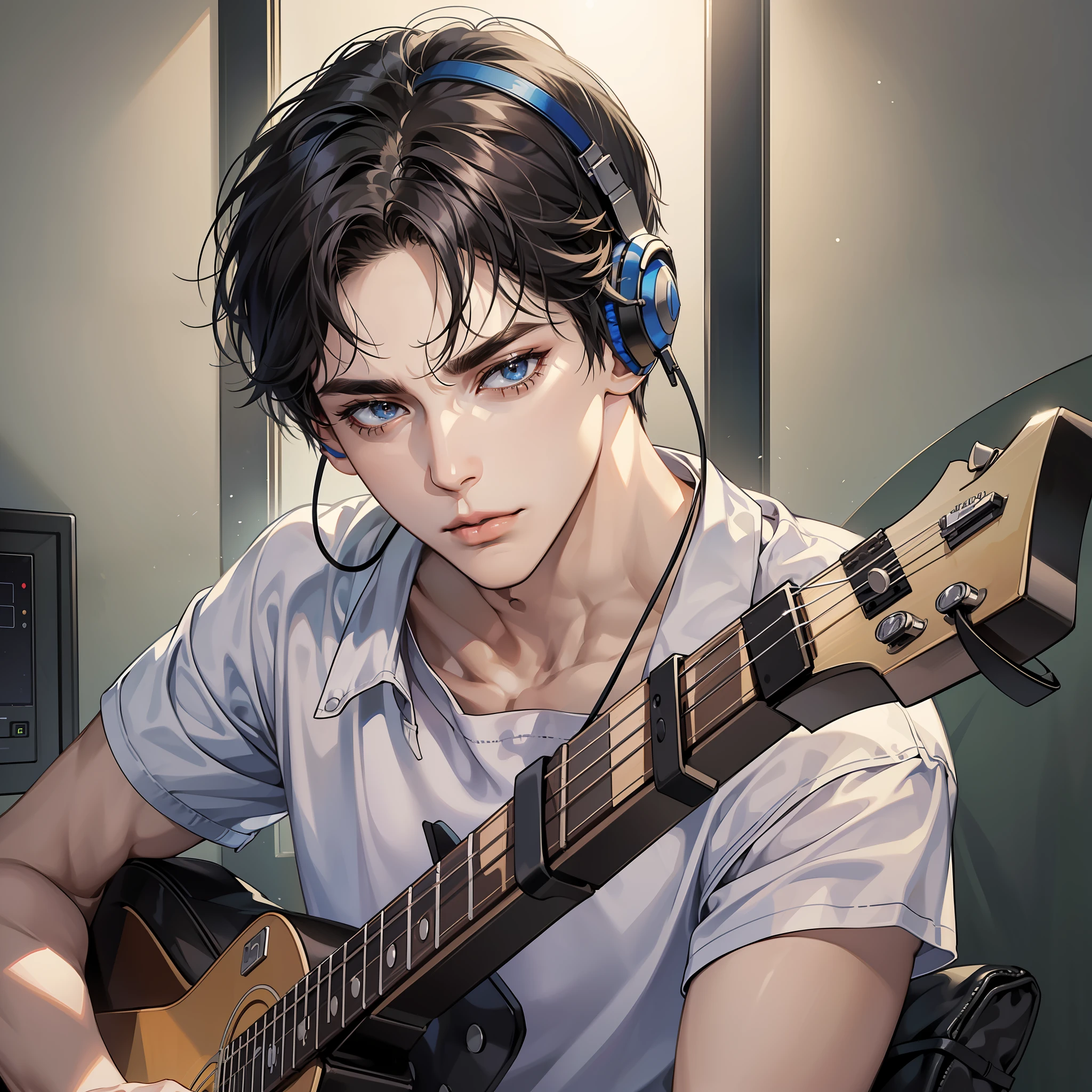 Masterpiece, high quality, best quality, HD, realistic, perfect lighting, detailed face, detailed body, 1 man, short black hair, white t-shirt, (serious expression: 1.5) (calm face: 1.5), looking at the computer screen, holding the guitar and singing, with headphones