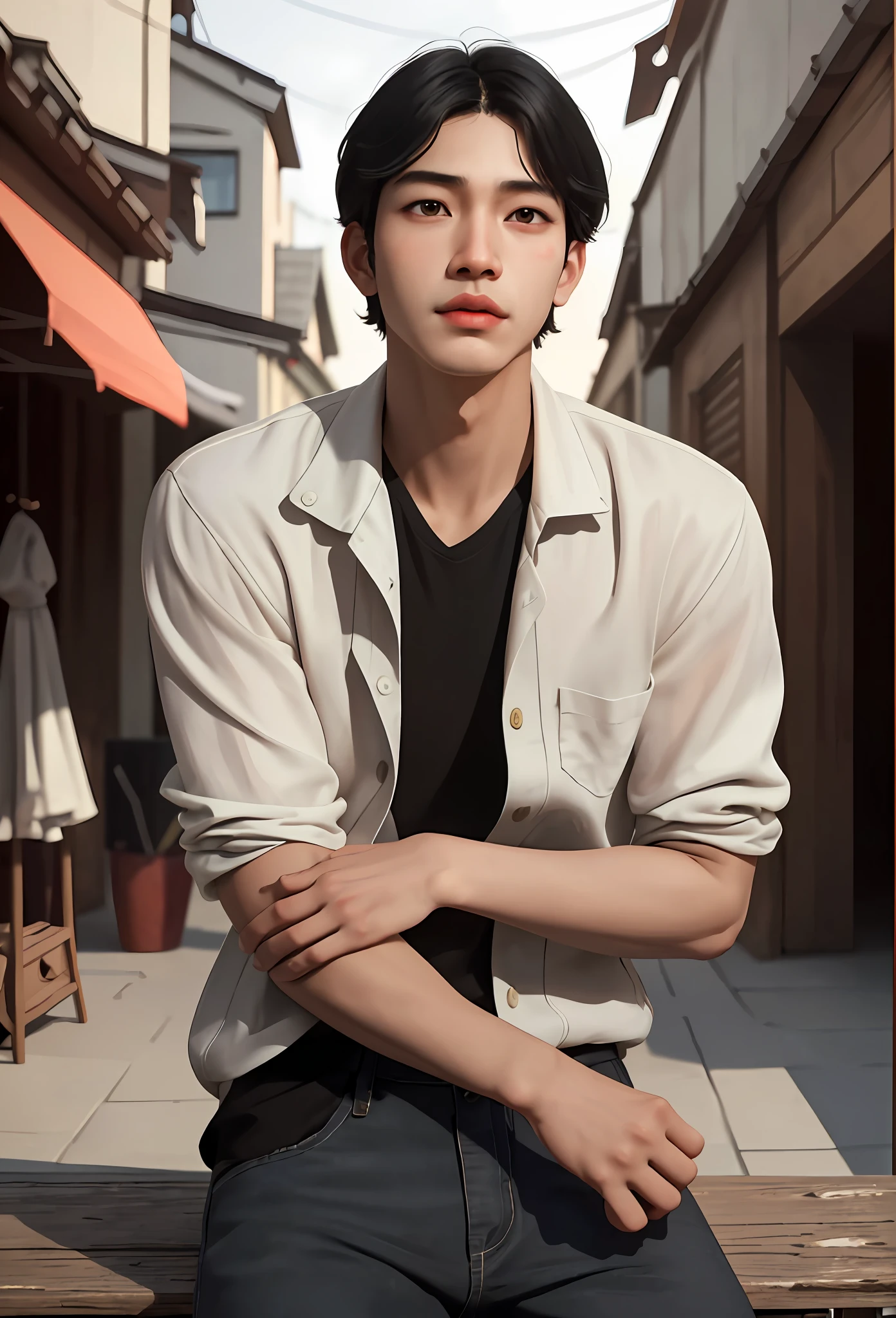 Masterpiece, best quality, (realistic, very detailed), boy, handsome face, short black hair, delicate and Asian face, ((small and perfect nose)), beautiful and fleshy lips, wearing simple casual clothes, sensual, atmosphere, (realism: 1.5), 8k