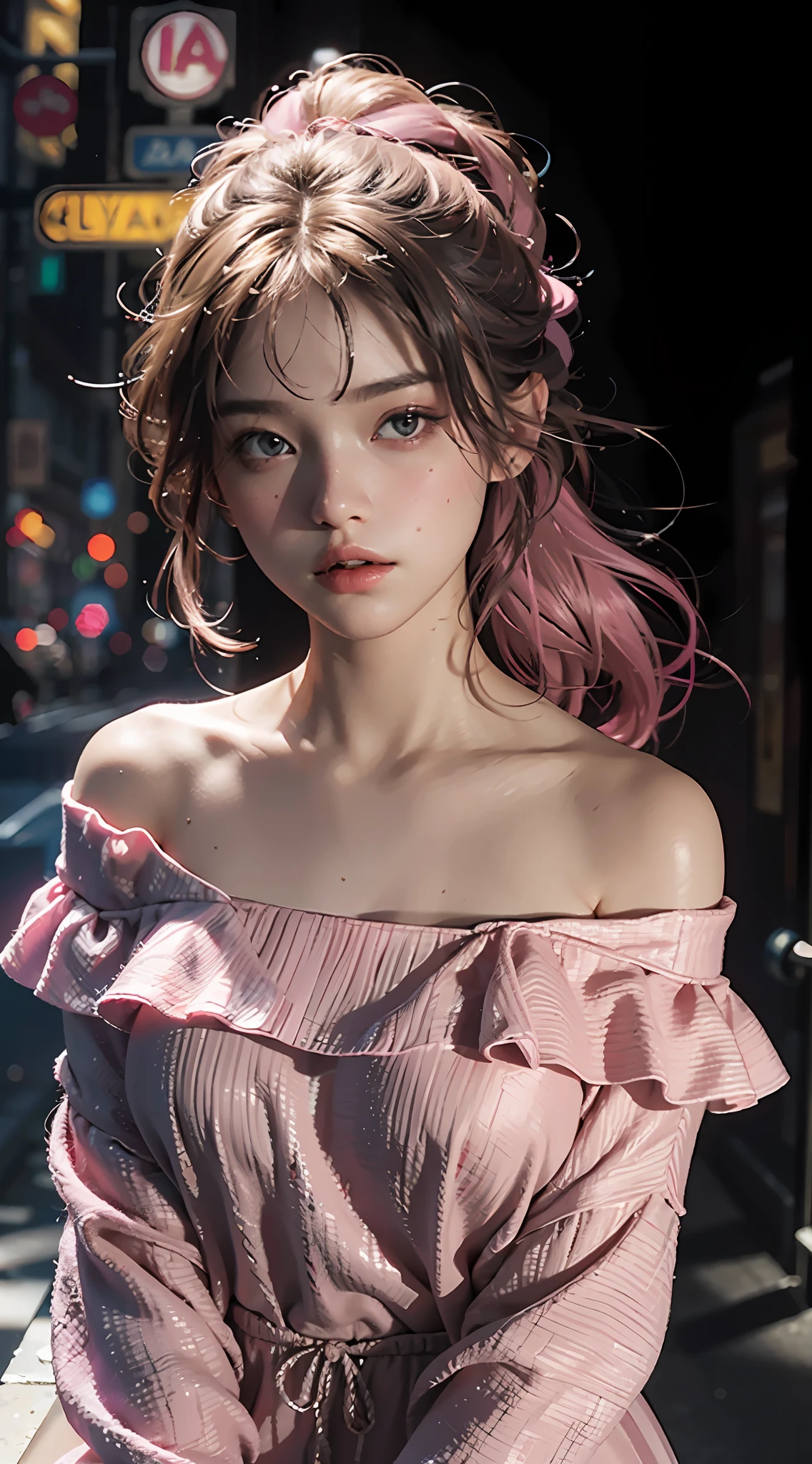 Best Quality, Masterpiece, Ultra High Resolution, (Realisticity: 1.4), Original Photo, 1girl, Pink Off-the-Shoulder, Cinematic Lighting